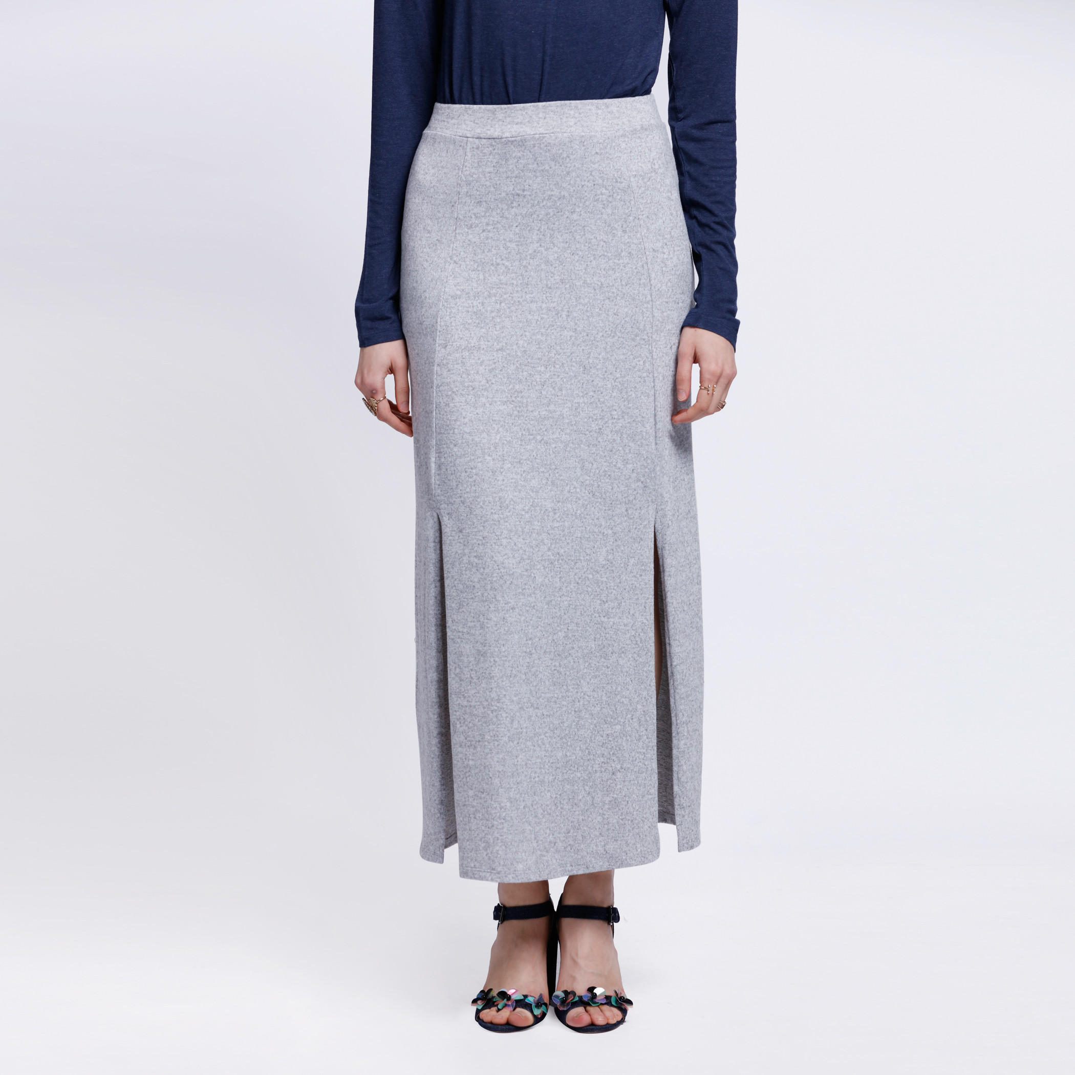 Melange Slit Skirt with Elasticised Waistband-women-clothing-bottoms-skirts-image-1