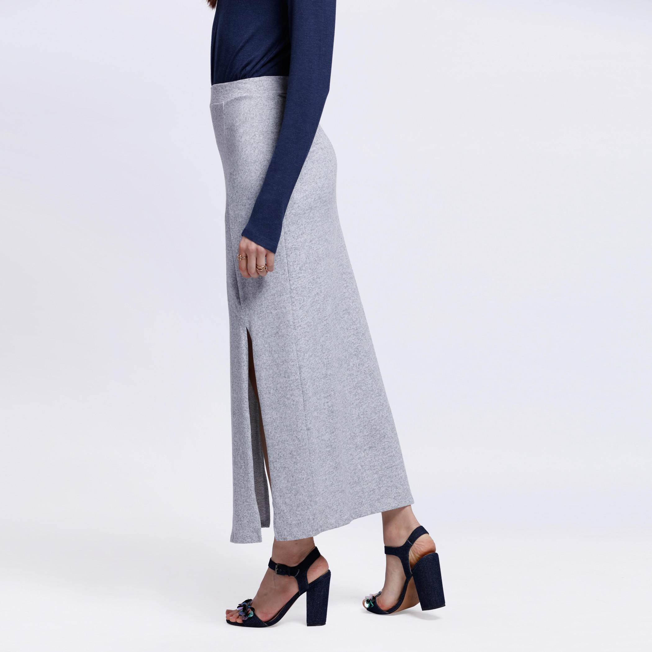 Melange Slit Skirt with Elasticised Waistband-women-clothing-bottoms-skirts-image-3