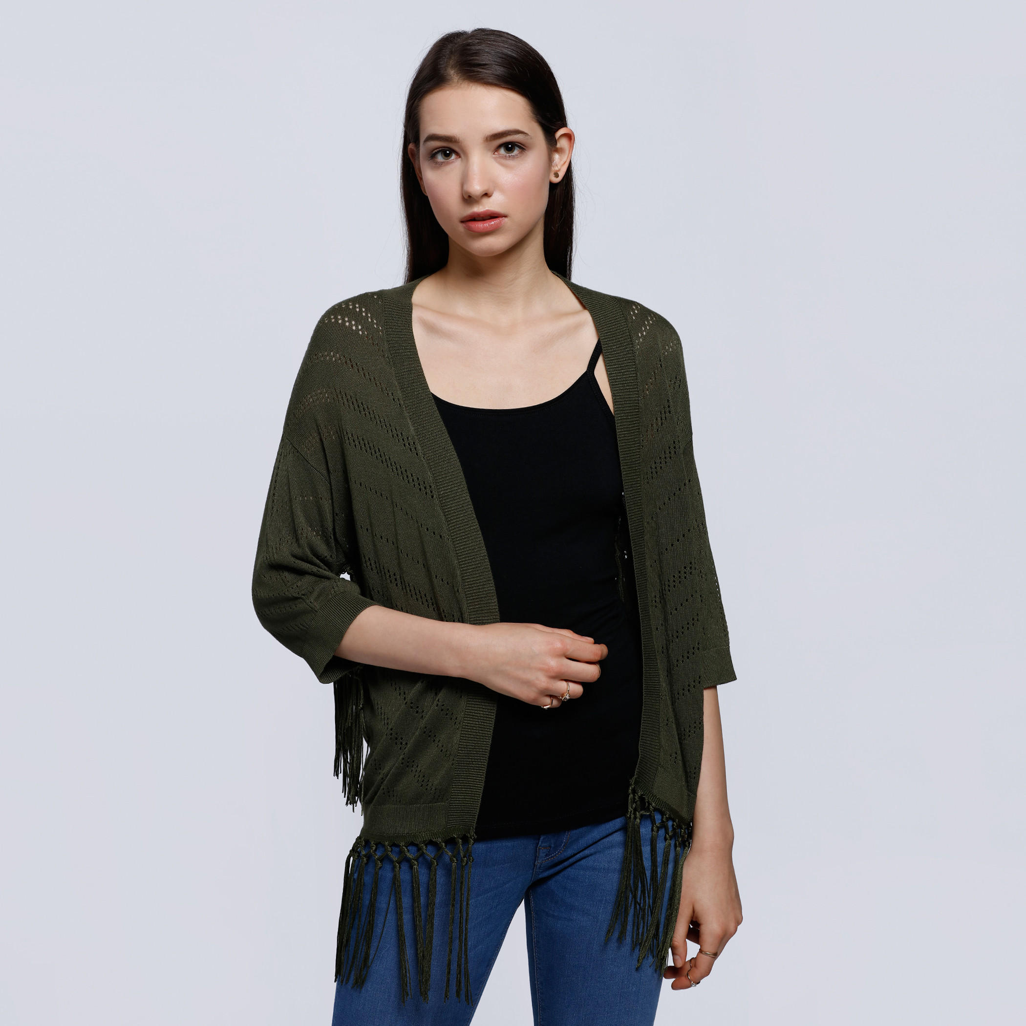 3/4 Sleeves Shrug with Tassels -women-winterwear-cardigansandjumpers-cardigans-image-6