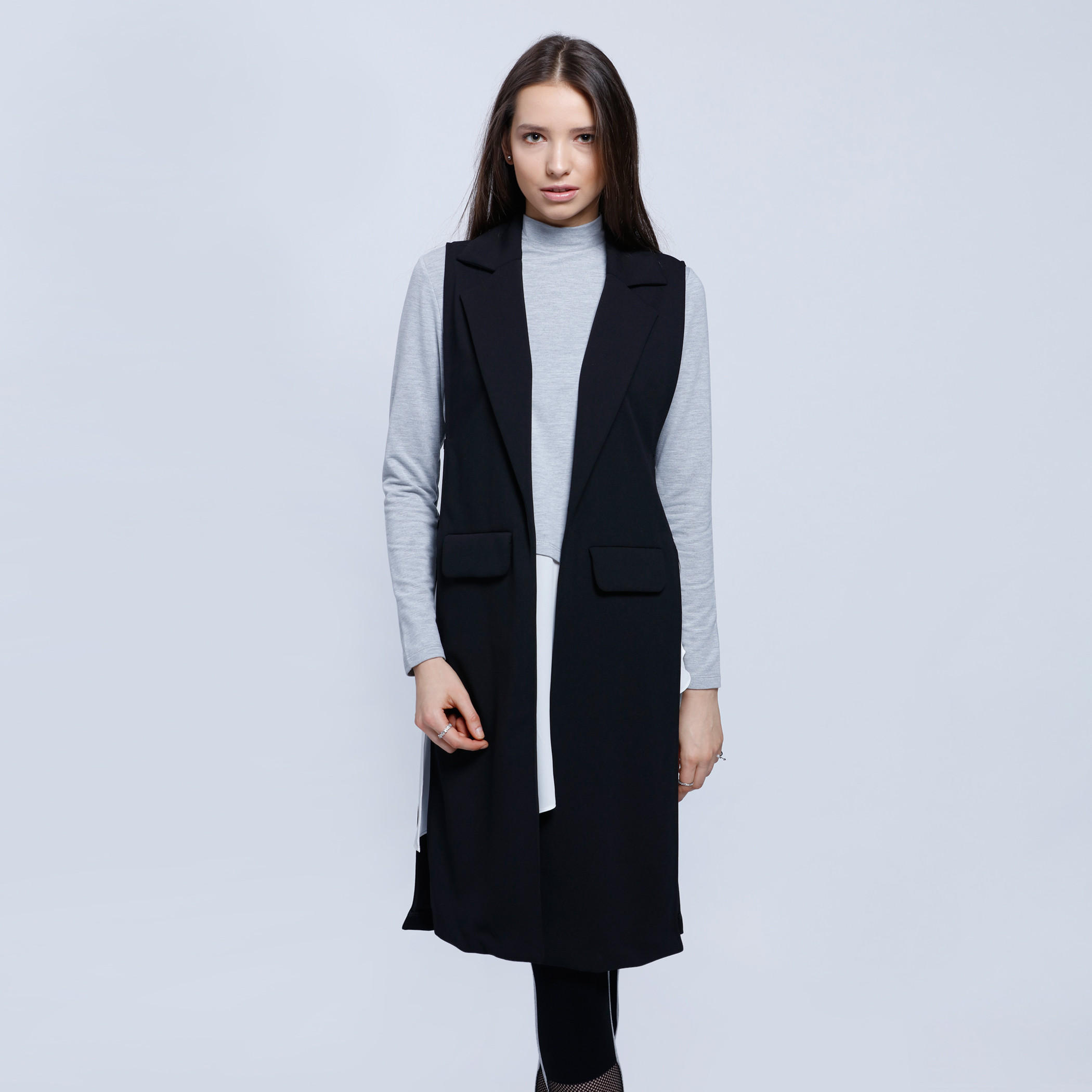 Sleeveless Longline Blazer with Notch Collar and Patch Pockets-women-winterwear-coatsandjackets-jackets-image-1
