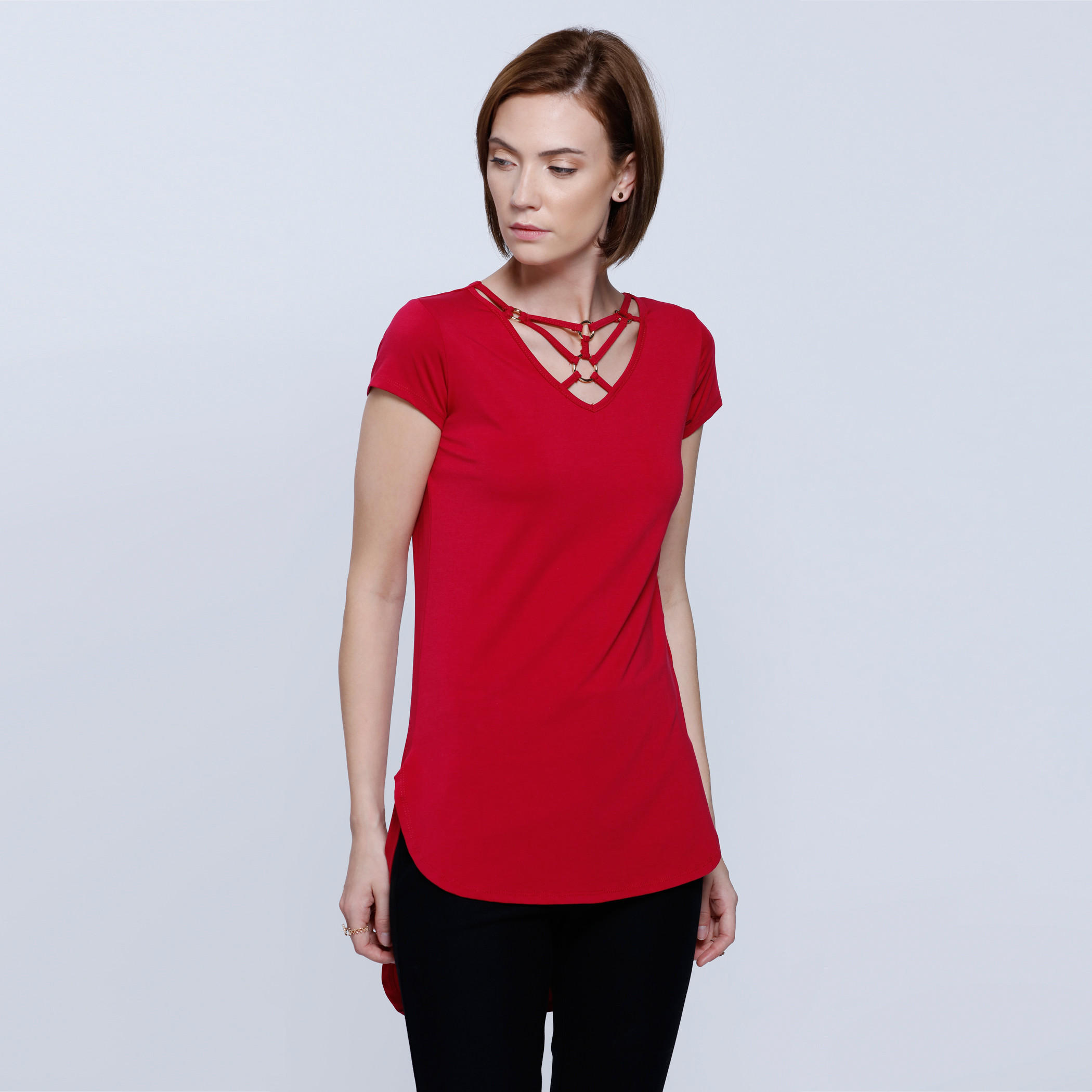 V-Neck Top with Strap Detail and Short Sleeves-women-clothing-shirtsandblouses-blouses-image-1