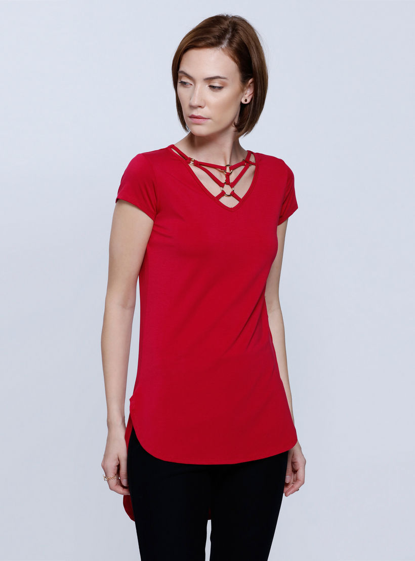 V-Neck Top with Strap Detail and Short Sleeves-women-clothing-shirtsandblouses-blouses-image-1