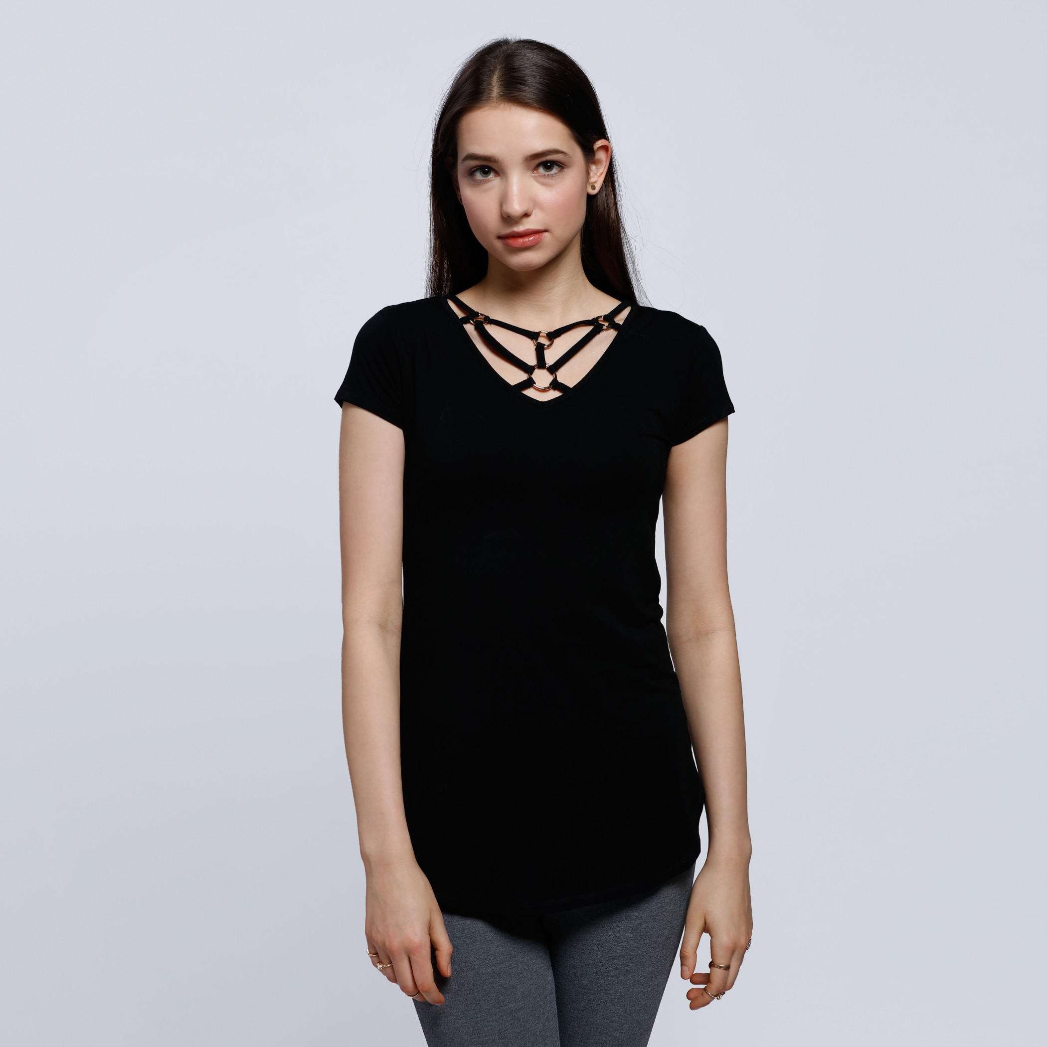 V-Neck T-Shirt With Front Strap Detail and Short Sleeves-women-clothing-tshirts-image-1
