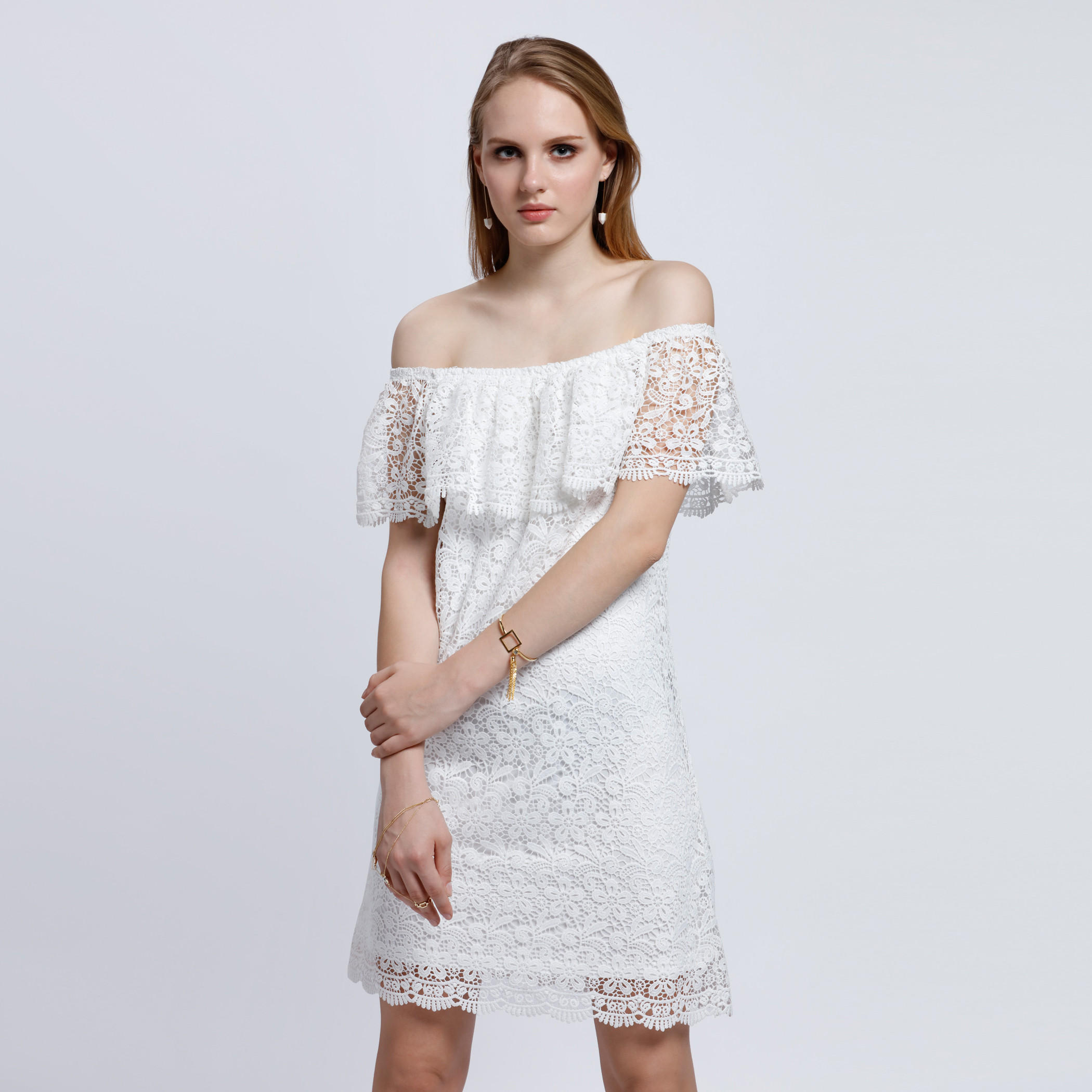 Off Shoulder Dress with Lace Detail -women-clothing-dresses-image-1