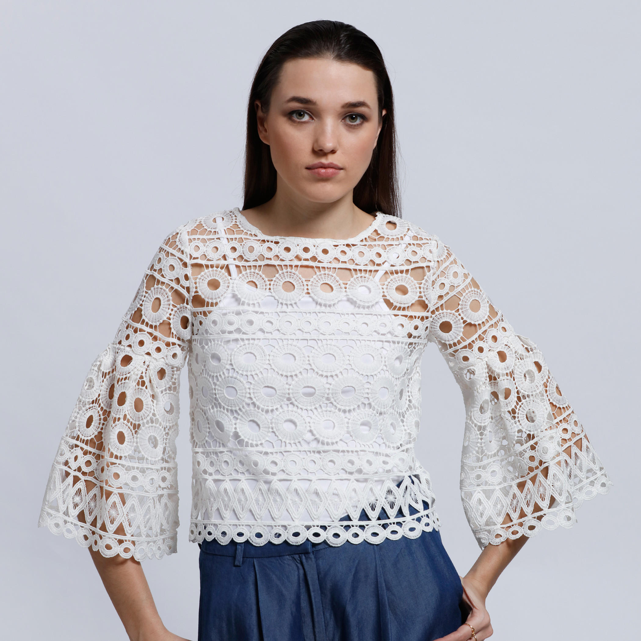 Lace Top with Boat Neck and Flared Sleeves-women-clothing-shirtsandblouses-blouses-image-1