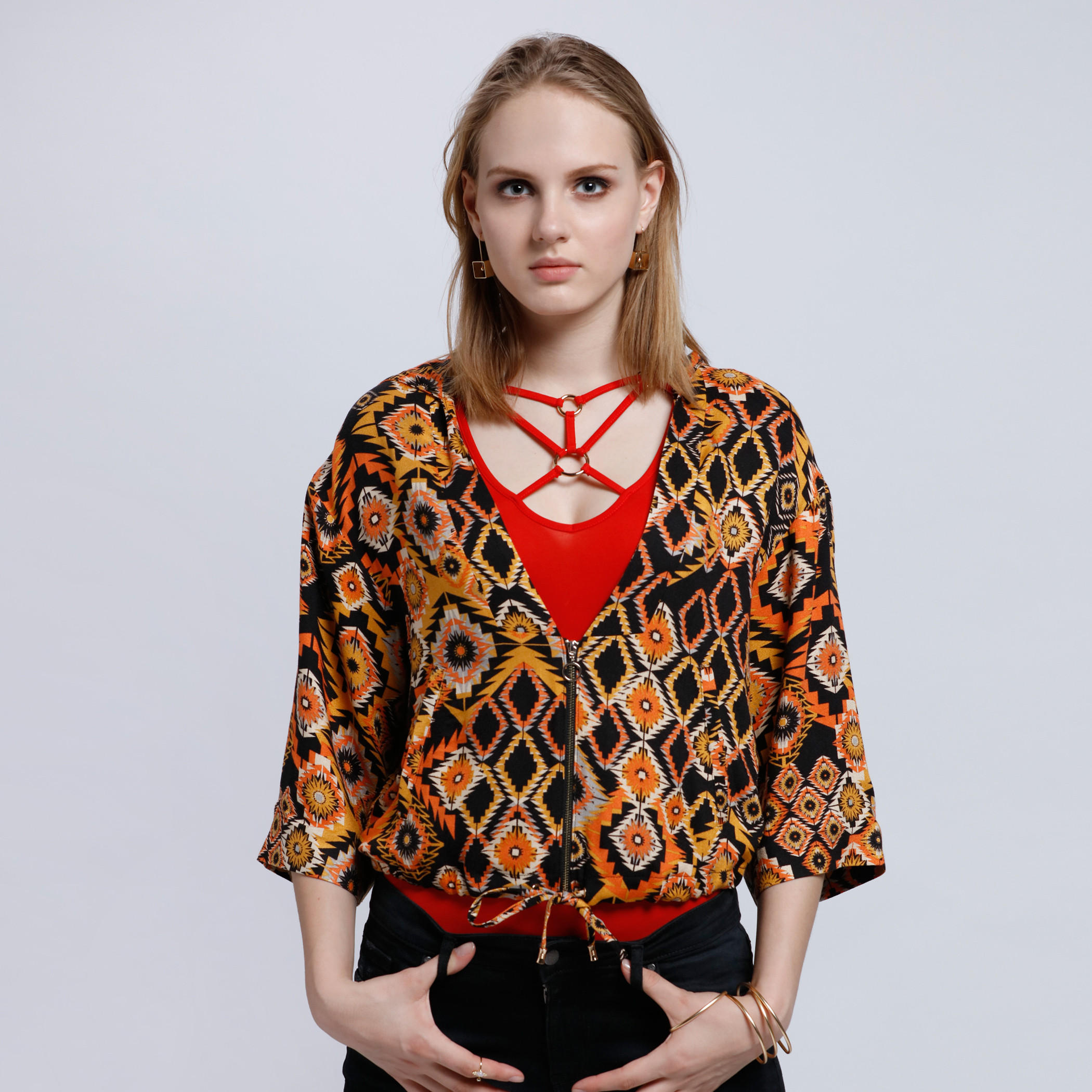 Printed Bomber Jacket with Hood and 3/4 Sleeves-women-winterwear-coatsandjackets-jackets-image-1