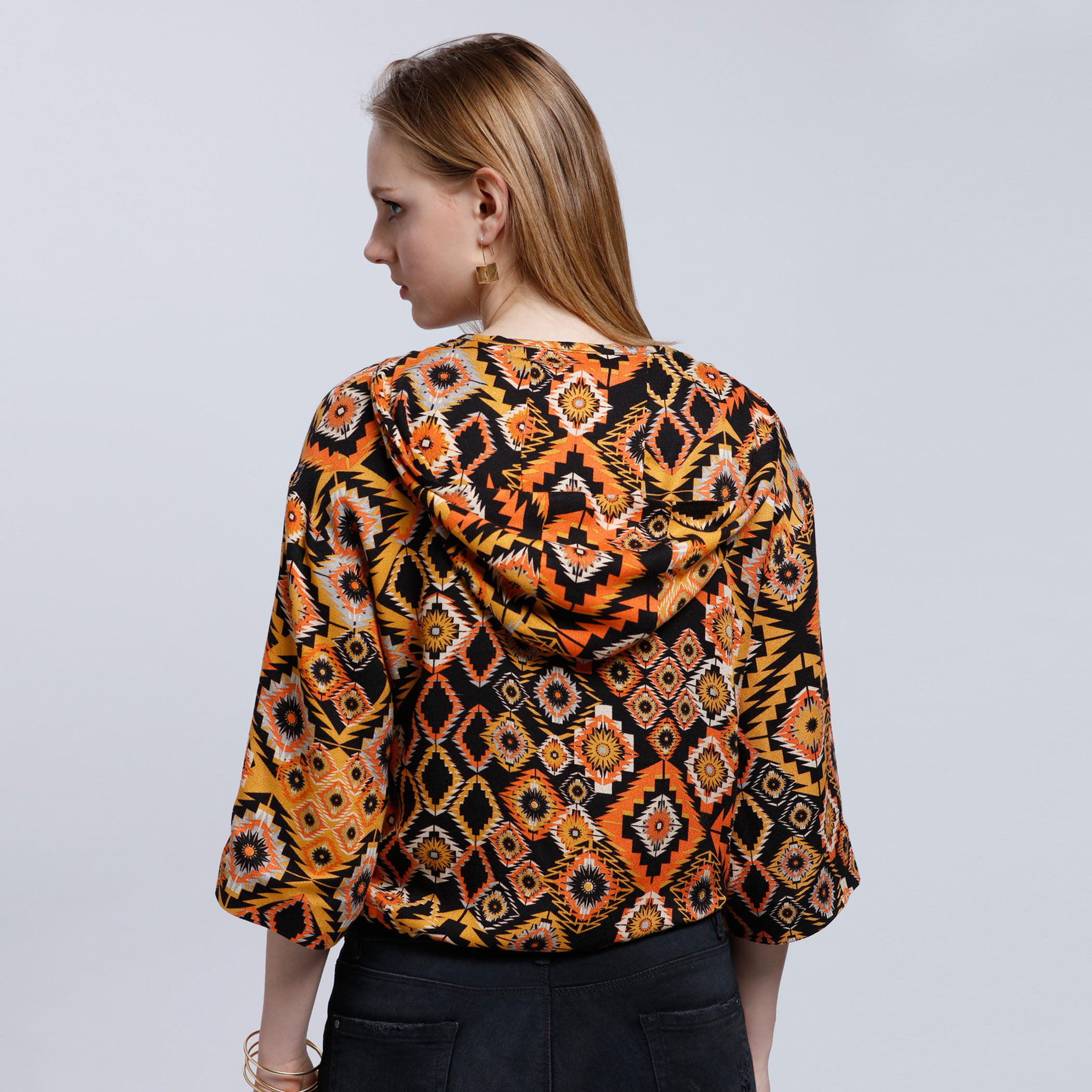 Printed Bomber Jacket with Hood and 3/4 Sleeves-women-winterwear-coatsandjackets-jackets-image-2