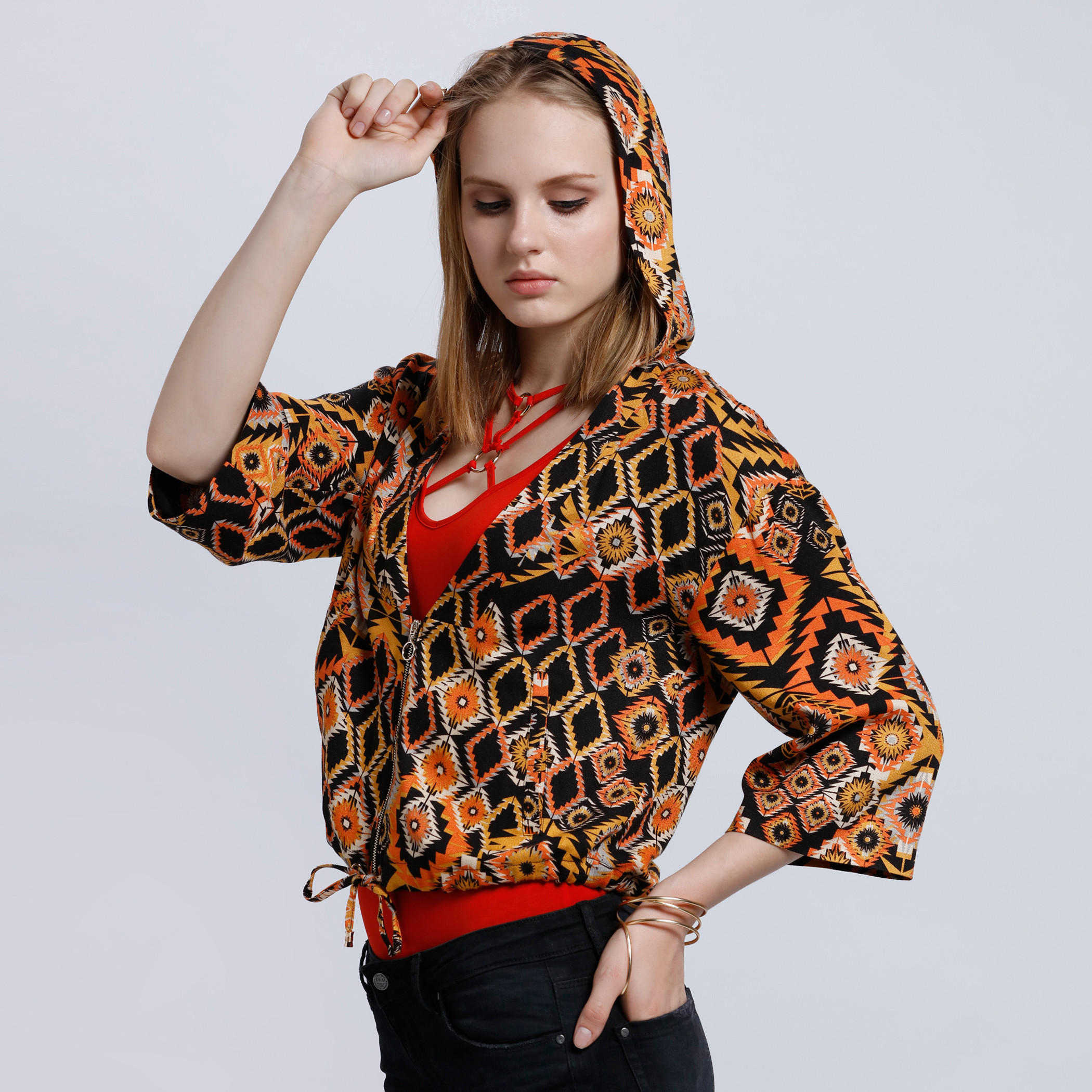Printed Bomber Jacket with Hood and 3/4 Sleeves-women-winterwear-coatsandjackets-jackets-image-3