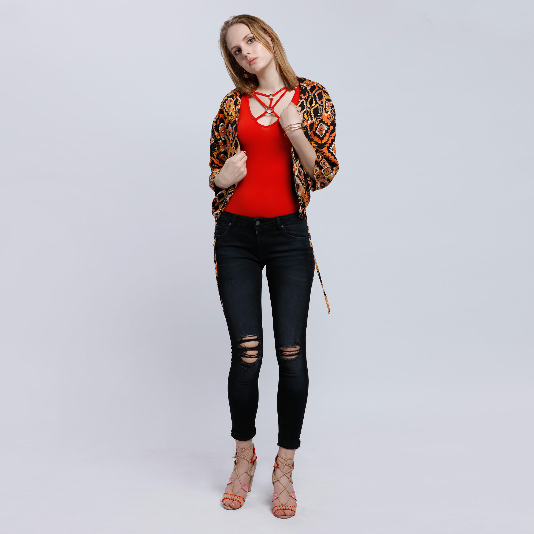 Printed Bomber Jacket with Hood and 3/4 Sleeves-women-winterwear-coatsandjackets-jackets-image-5