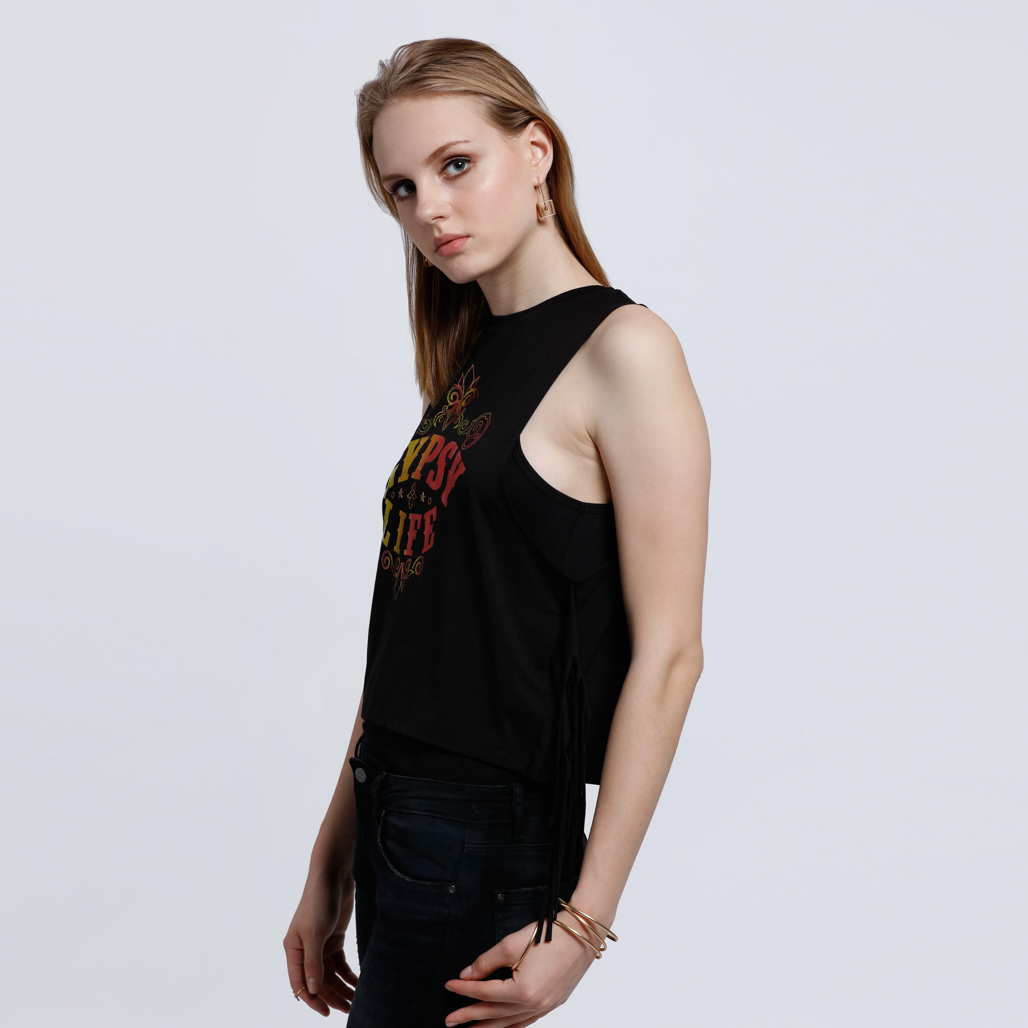 Graphic Print Sleeveless Tank Top with Tassels-women-clothing-tshirts-image-3