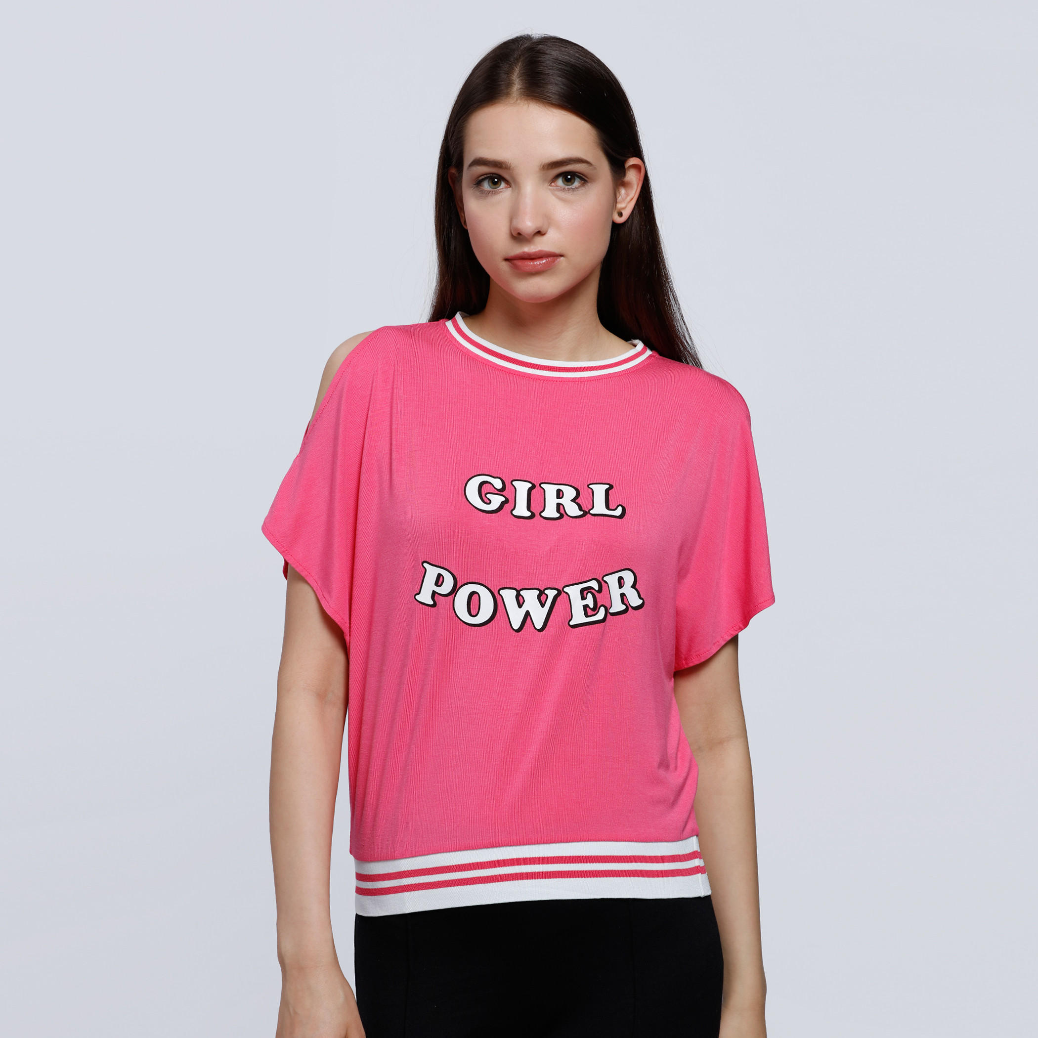 Printed T-Shirt with Round Neck and Cold Shoulders-women-clothing-tshirts-image-1