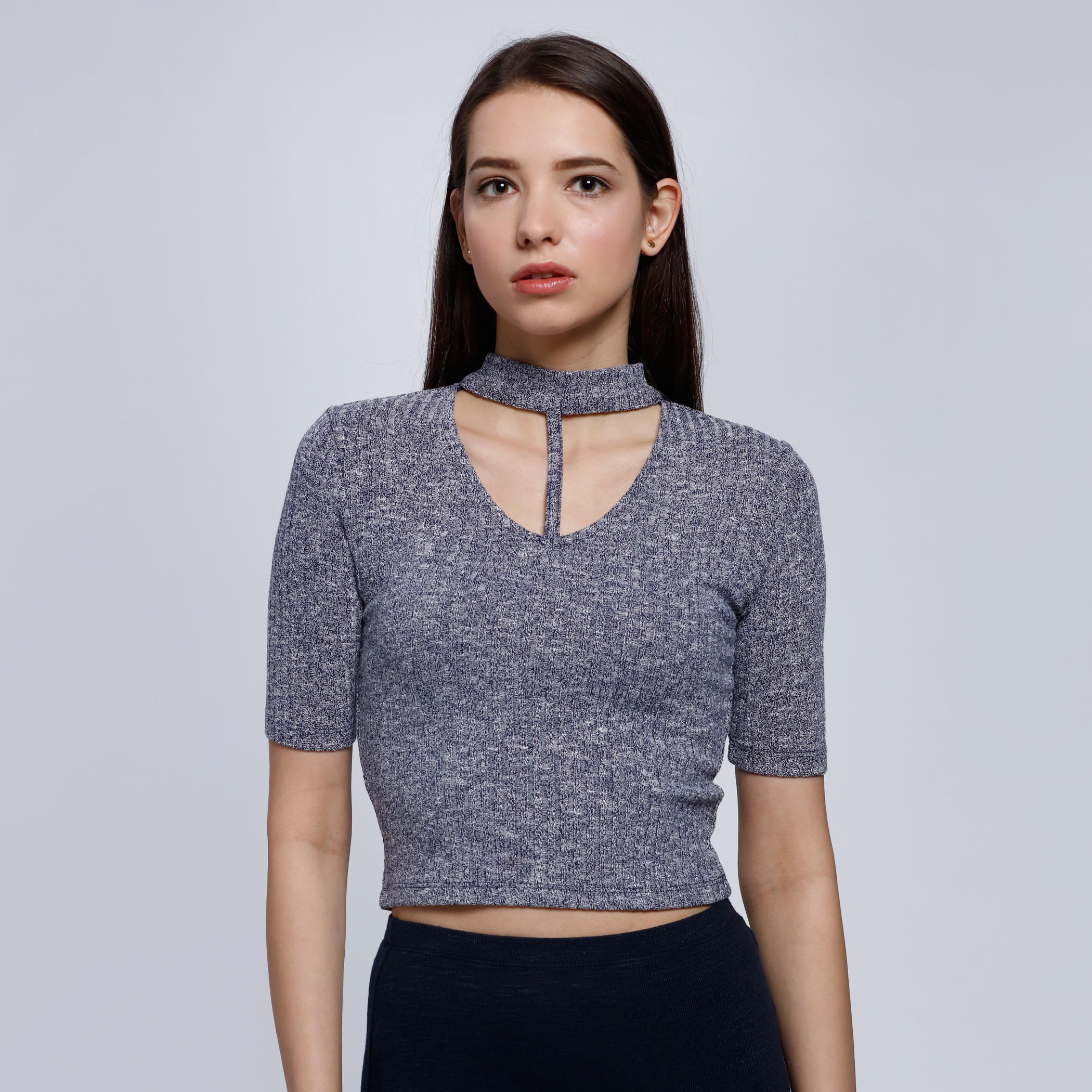 Ribbed Top with Choker Neck and Short Sleeves-women-clothing-shirtsandblouses-blouses-image-1