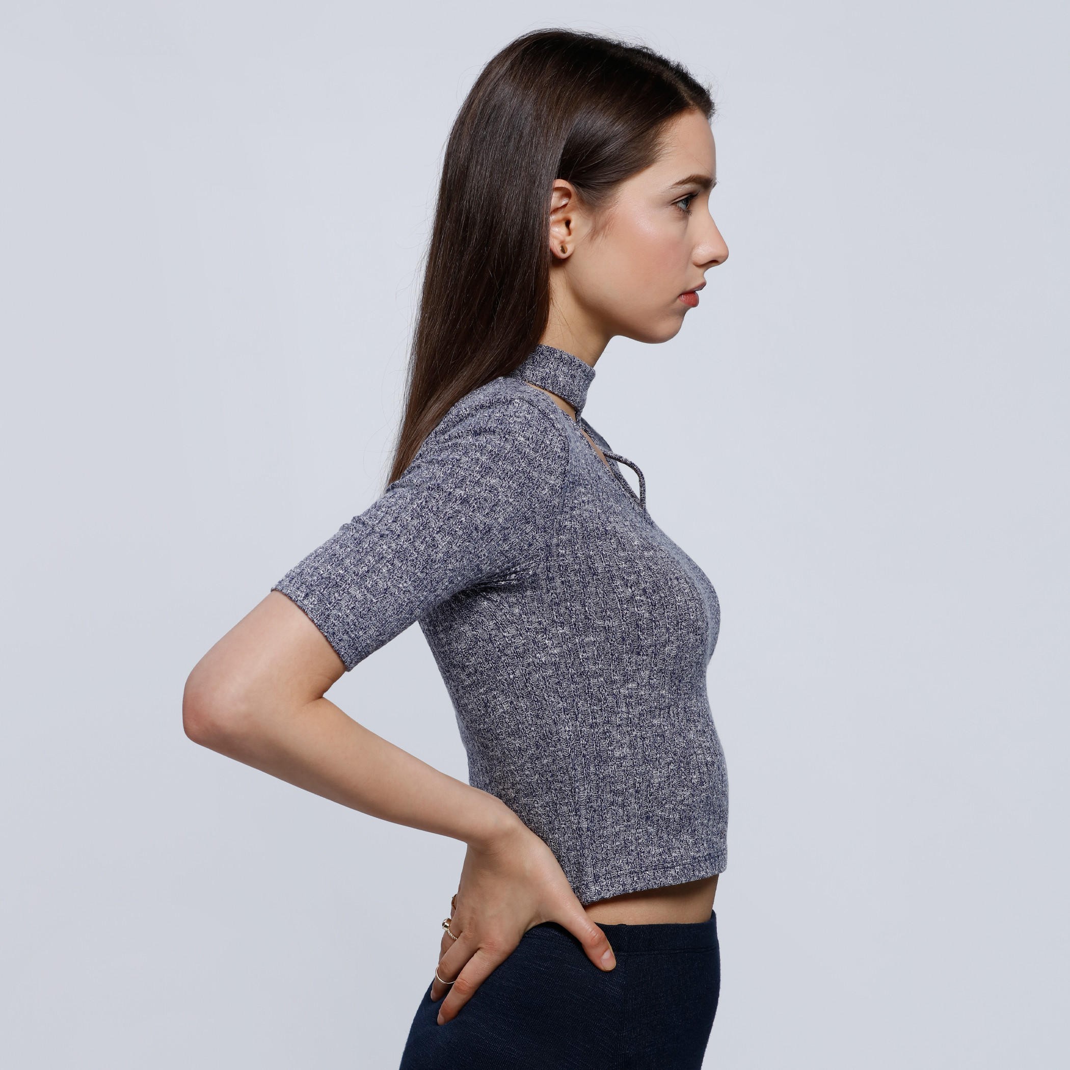 Ribbed Top with Choker Neck and Short Sleeves-women-clothing-shirtsandblouses-blouses-image-3