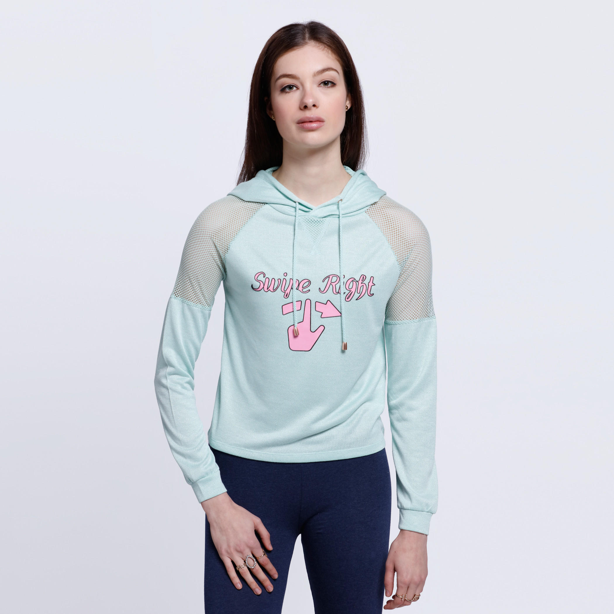 Printed Mesh Shoulder T-Shirt with Long Sleeves and Hood-women-clothing-tshirts-image-1