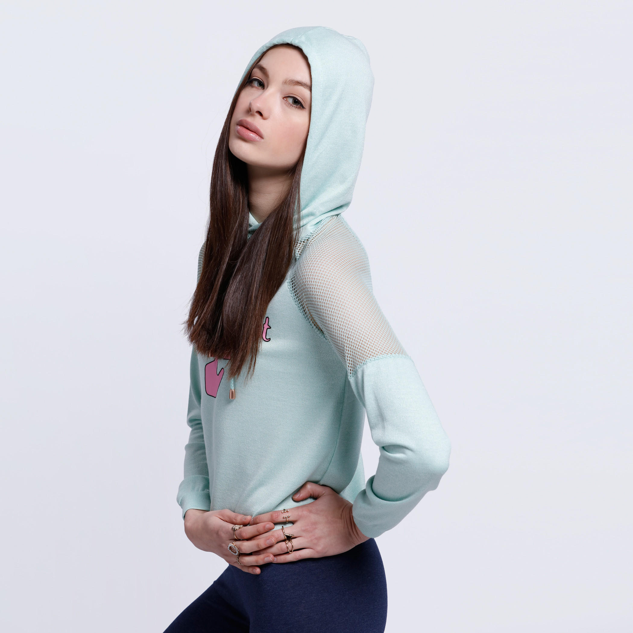 Printed Mesh Shoulder T-Shirt with Long Sleeves and Hood-women-clothing-tshirts-image-3