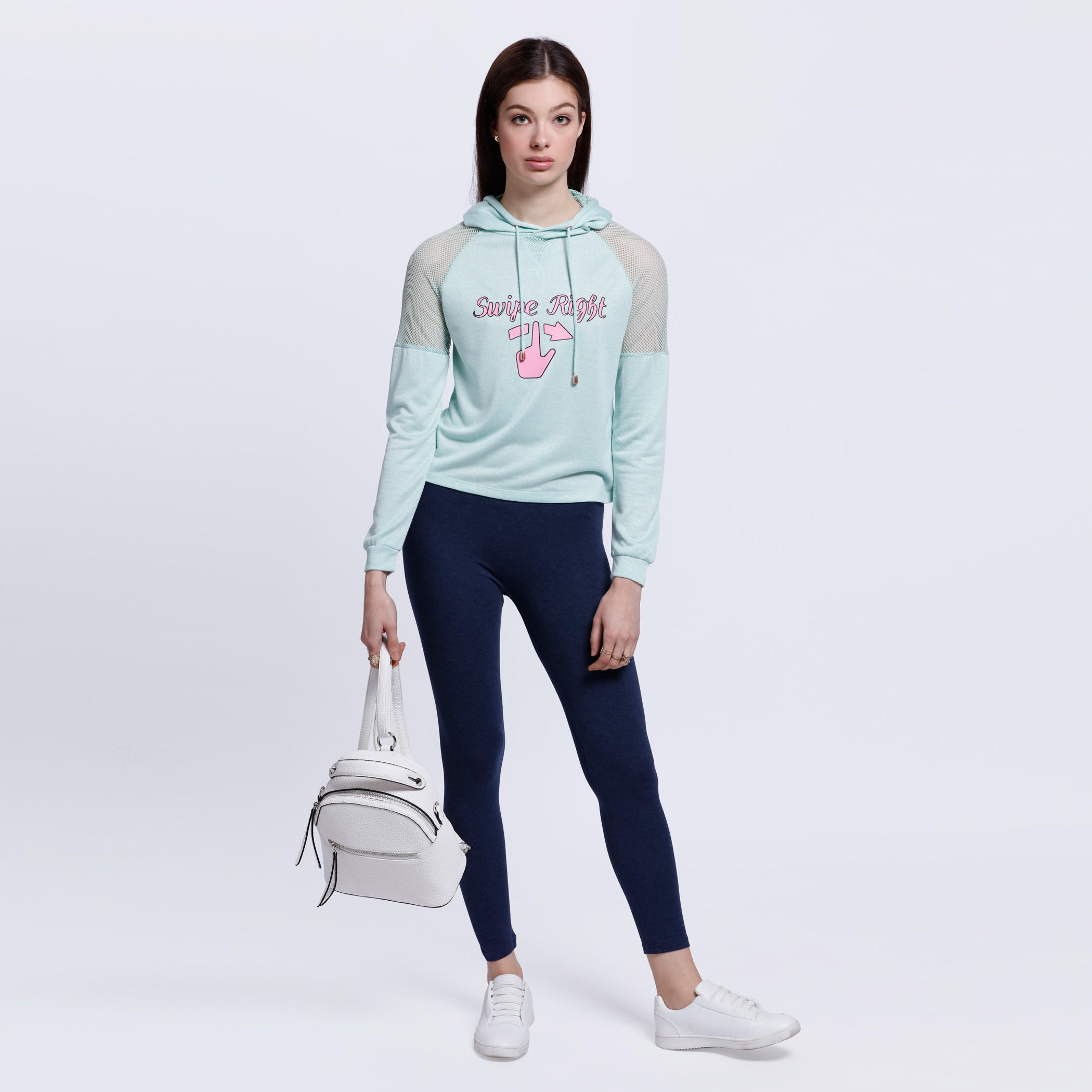 Printed Mesh Shoulder T-Shirt with Long Sleeves and Hood-women-clothing-tshirts-image-5