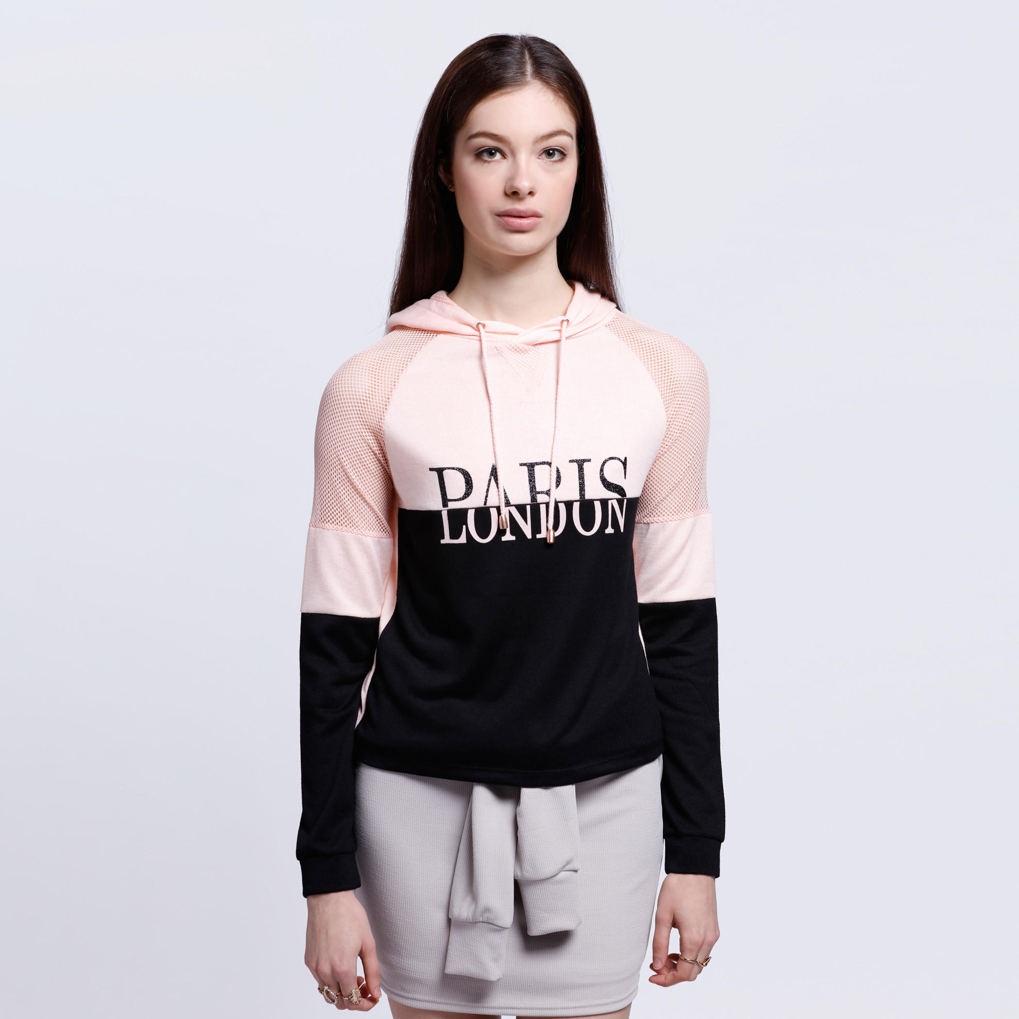 Printed Mesh Shoulder T-Shirt with Long Sleeves and Hood-women-clothing-tshirts-image-1