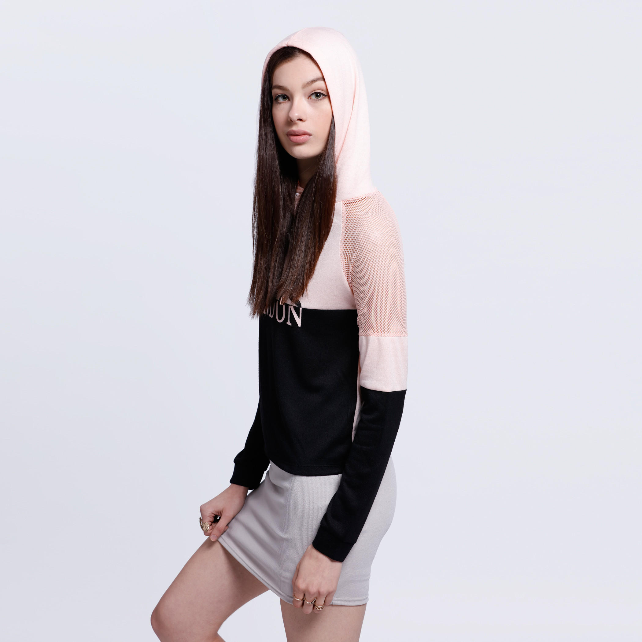 Printed Mesh Shoulder T-Shirt with Long Sleeves and Hood-women-clothing-tshirts-image-3