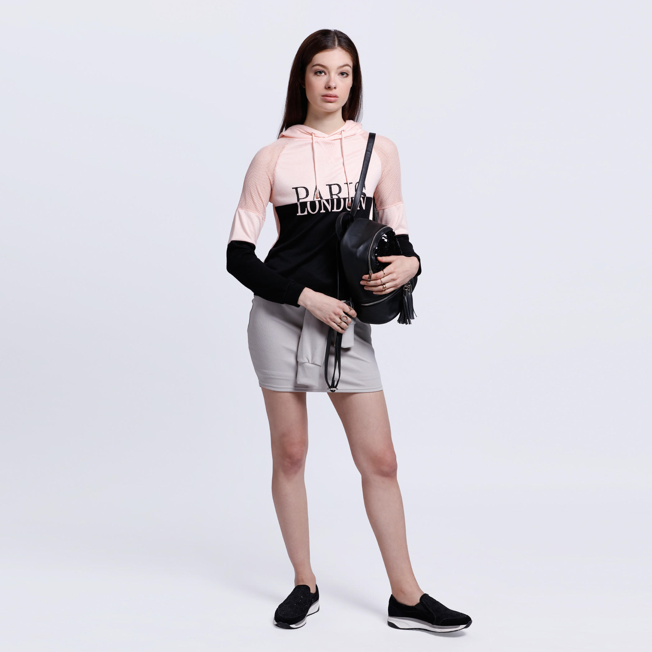 Printed Mesh Shoulder T-Shirt with Long Sleeves and Hood-women-clothing-tshirts-image-5