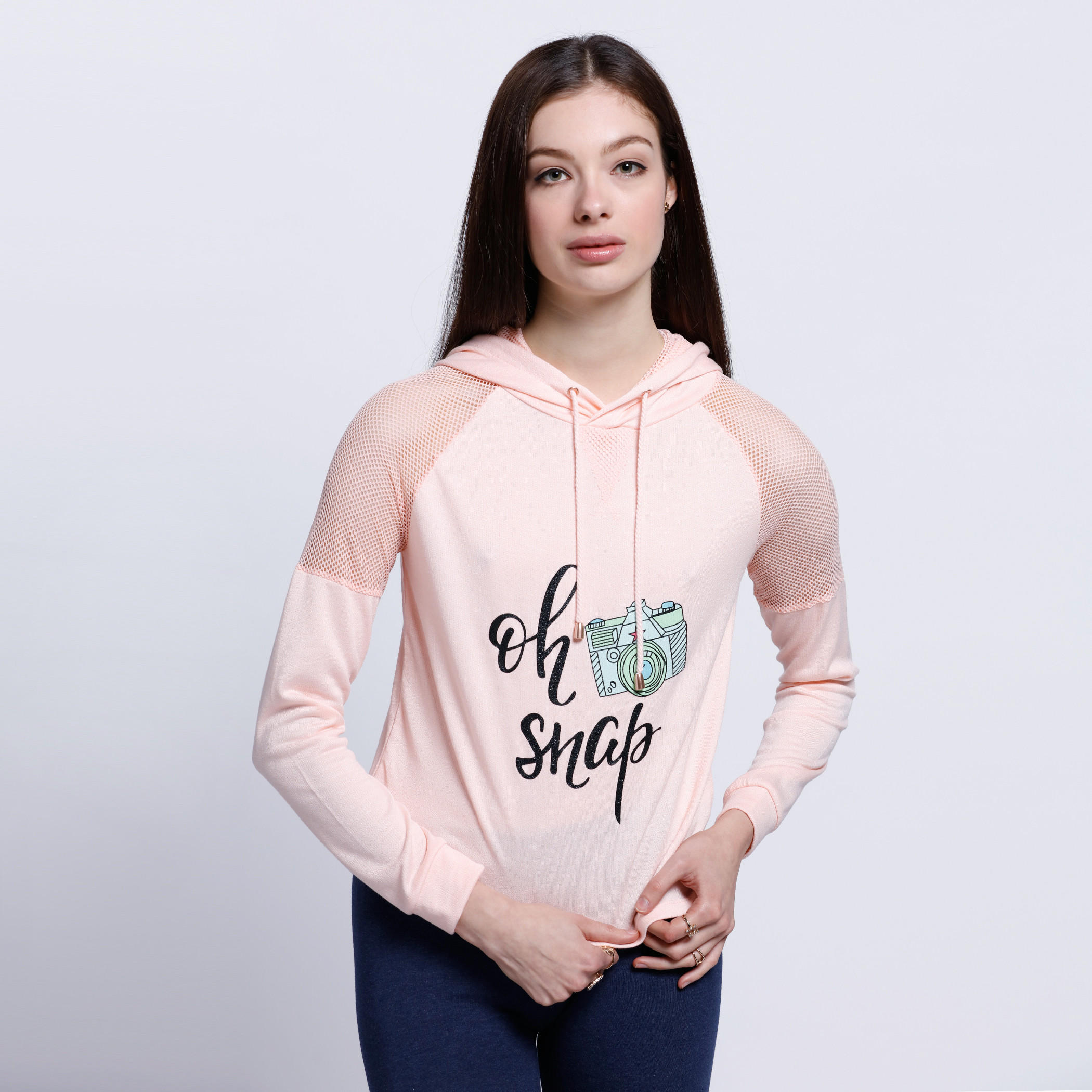 Printed Mesh Shoulder T-Shirt with Long Sleeves and Hood-women-clothing-shirtsandblouses-blouses-image-1