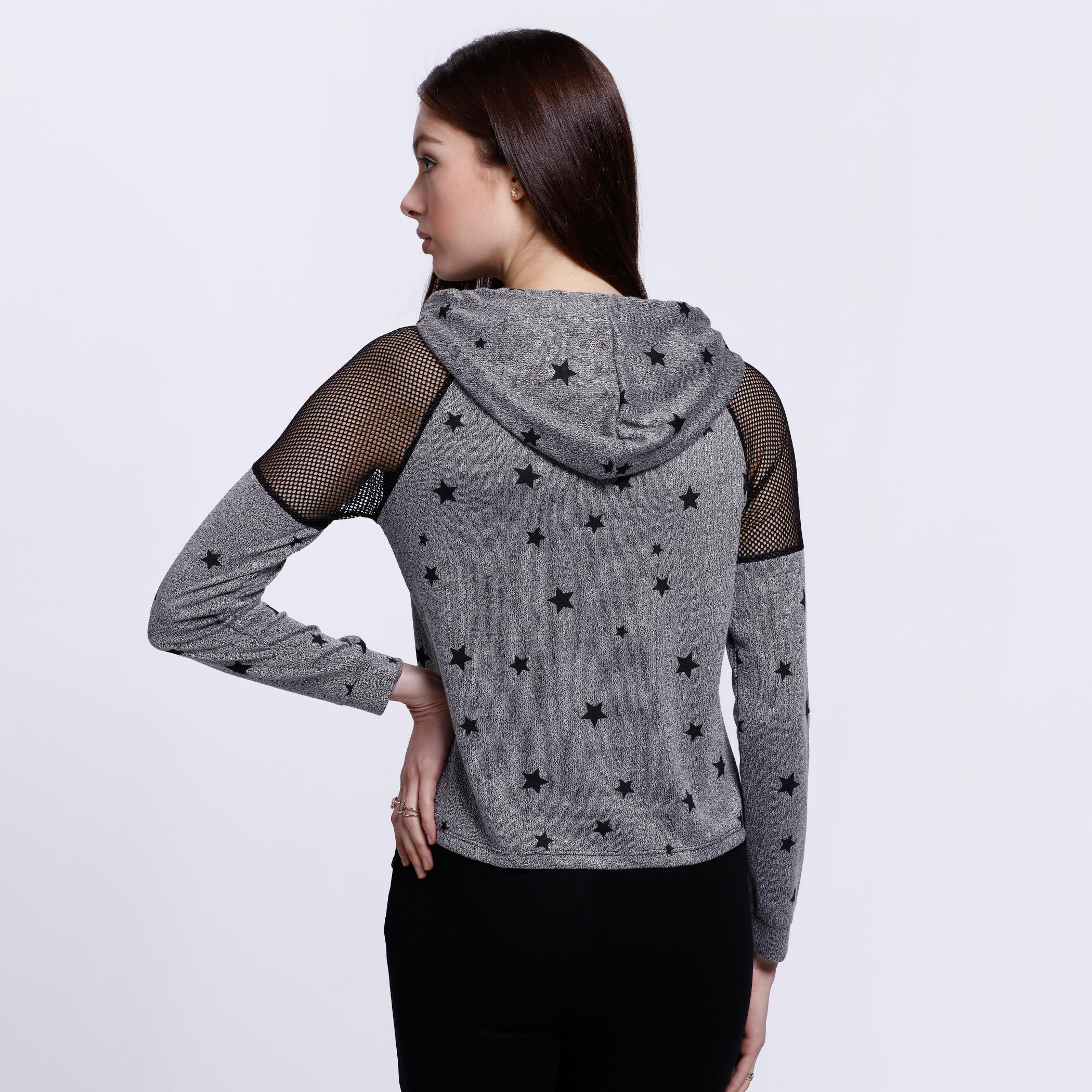 Printed Mesh Shoulder T-Shirt with Long Sleeves and Hood-women-clothing-shirtsandblouses-blouses-image-2