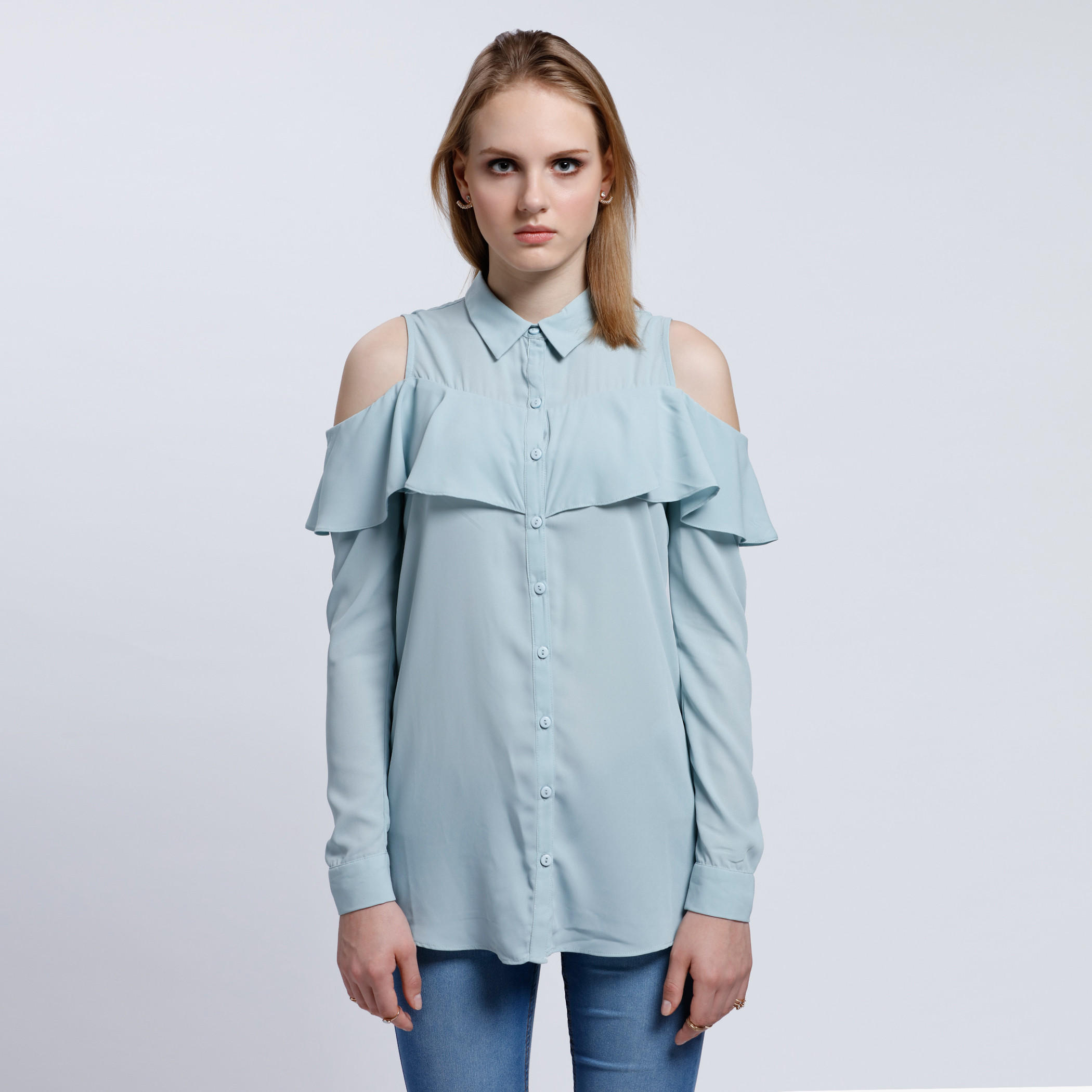 Cold Shoulder Shirt with Button Placket-women-clothing-shirtsandblouses-blouses-image-1