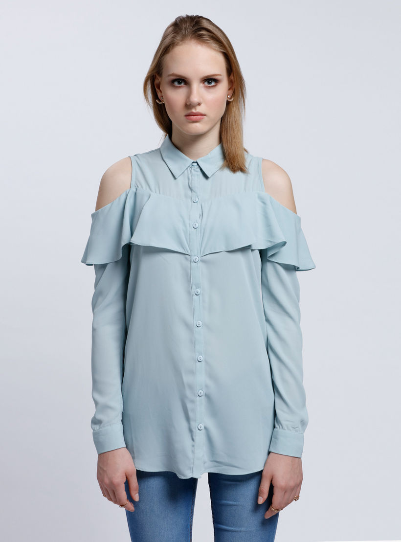 Cold Shoulder Shirt with Button Placket-women-clothing-shirtsandblouses-blouses-image-1