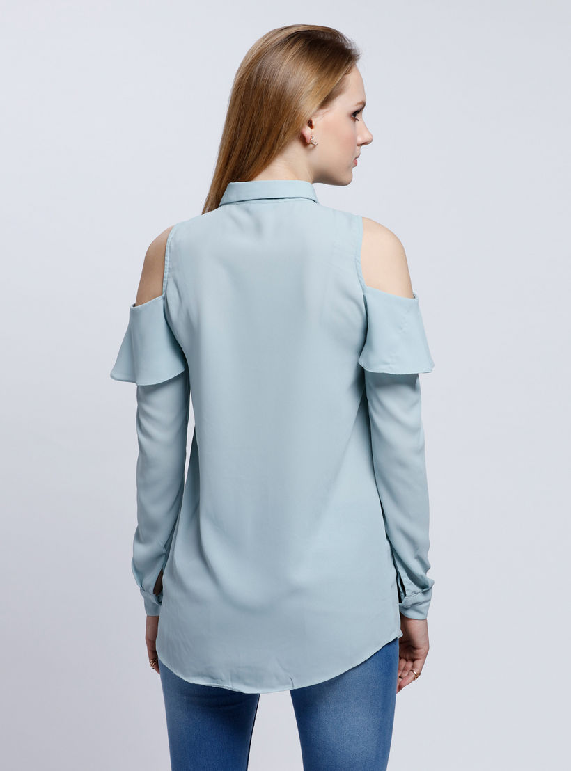 Cold Shoulder Shirt with Button Placket-women-clothing-shirtsandblouses-blouses-image-2