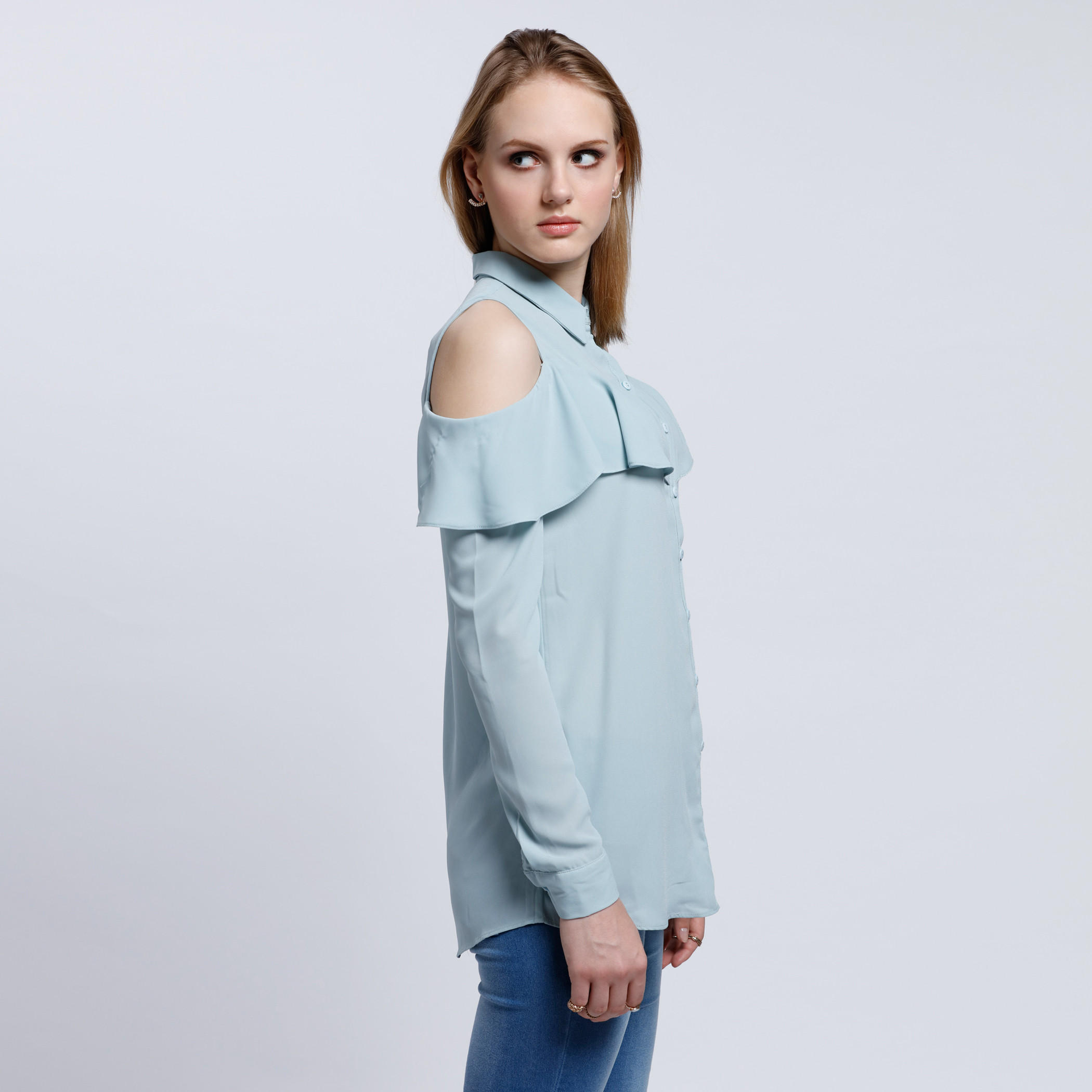 Cold Shoulder Shirt with Button Placket-women-clothing-shirtsandblouses-blouses-image-3
