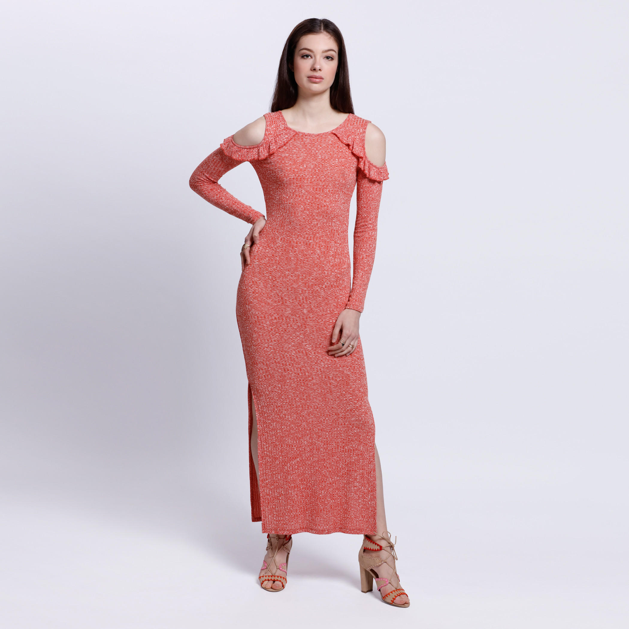 Cold Shoulder Dress with Side Slits and Long Sleeves-women-clothing-dresses-image-1