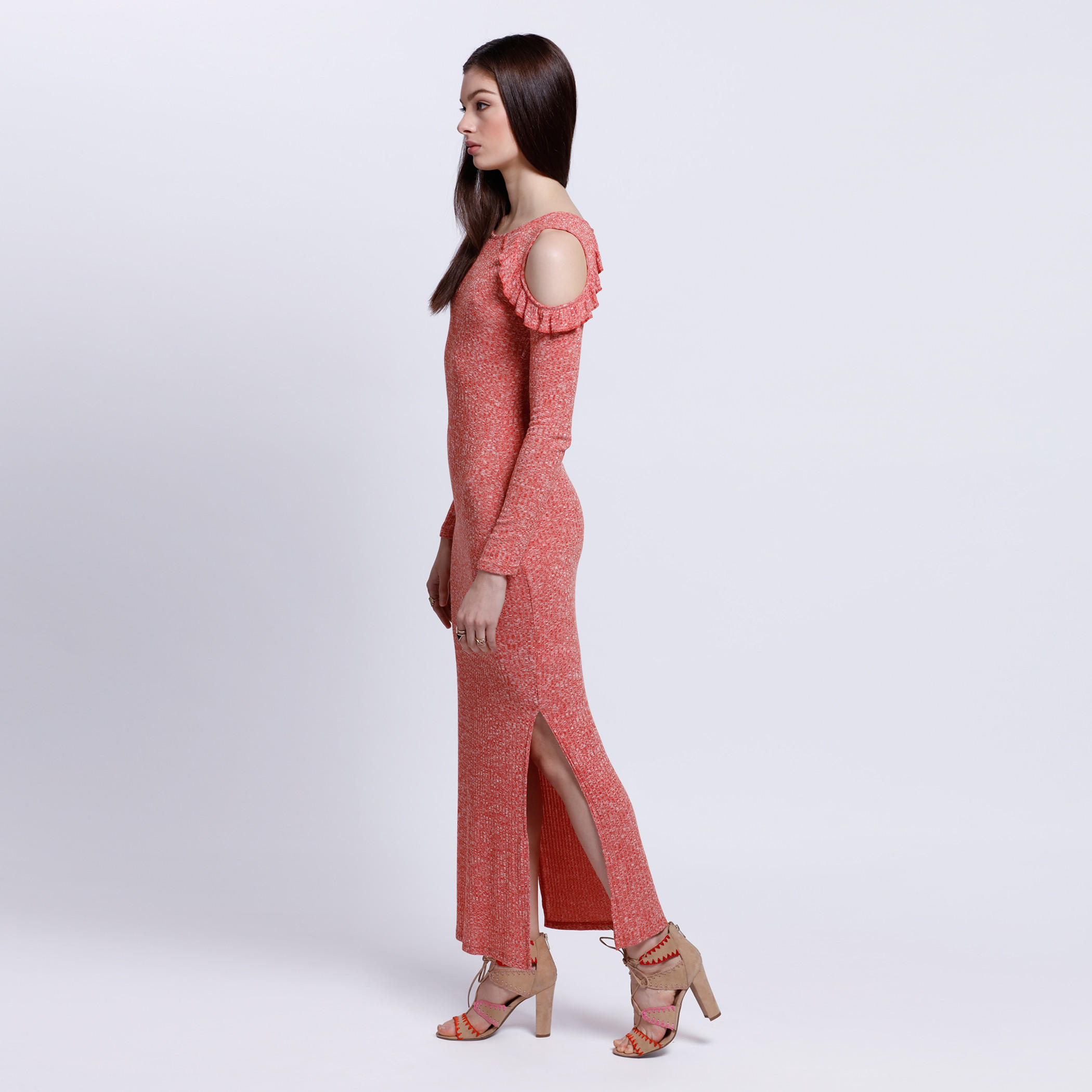 Cold Shoulder Dress with Side Slits and Long Sleeves-women-clothing-dresses-image-3