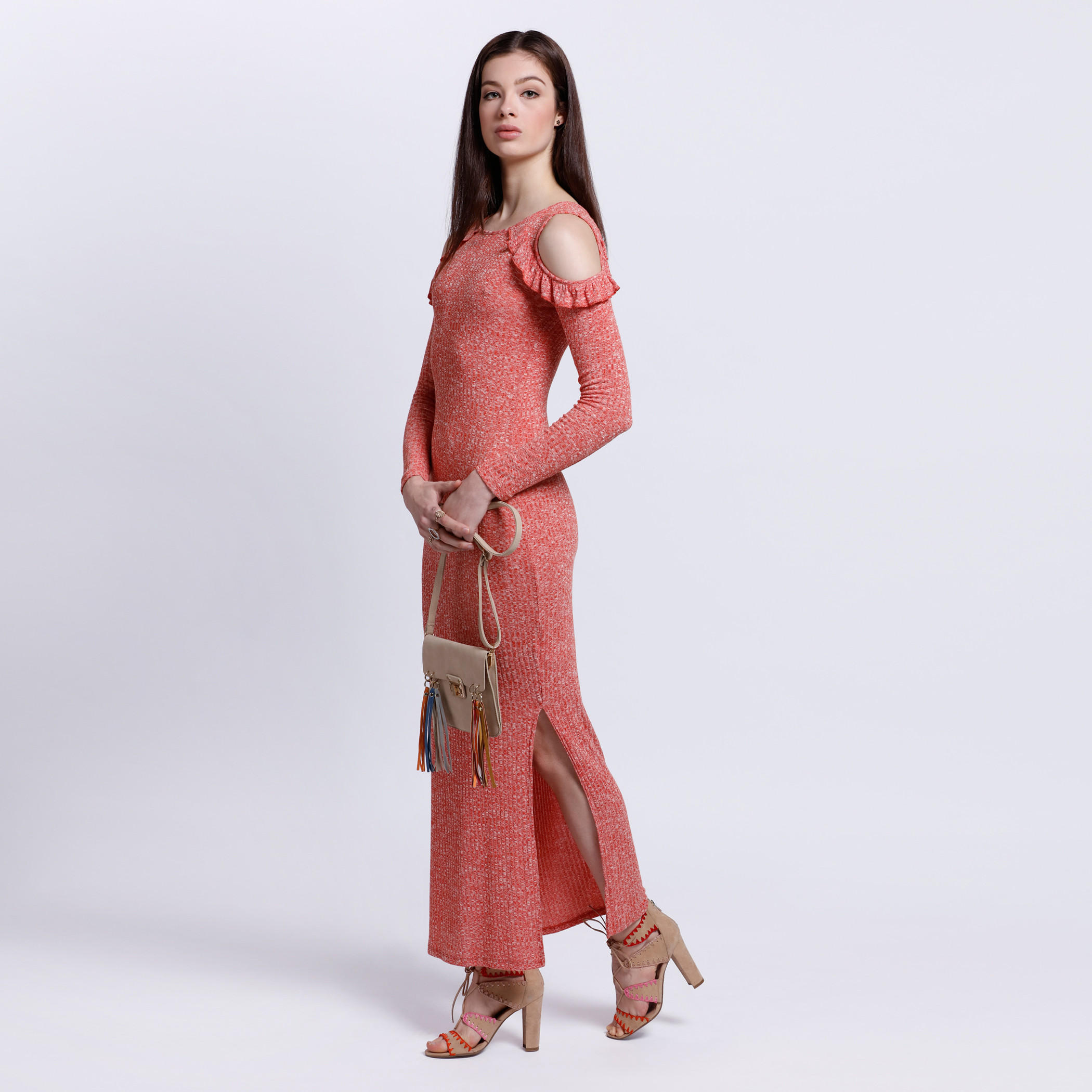 Cold Shoulder Dress with Side Slits and Long Sleeves-women-clothing-dresses-image-5