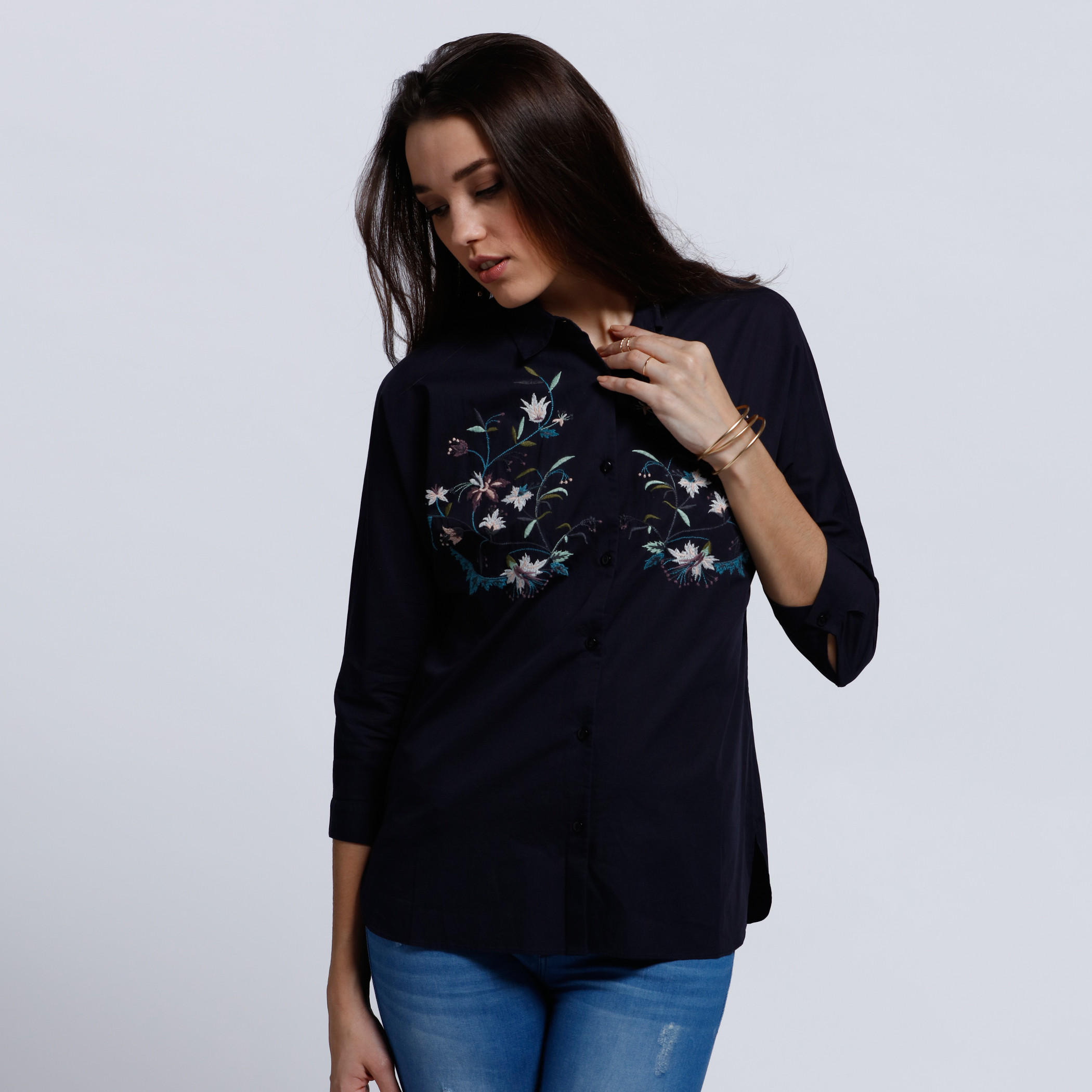 Embroidered Shirt with Complete Placket and 3/4 Sleeves -women-clothing-shirtsandblouses-blouses-image-1