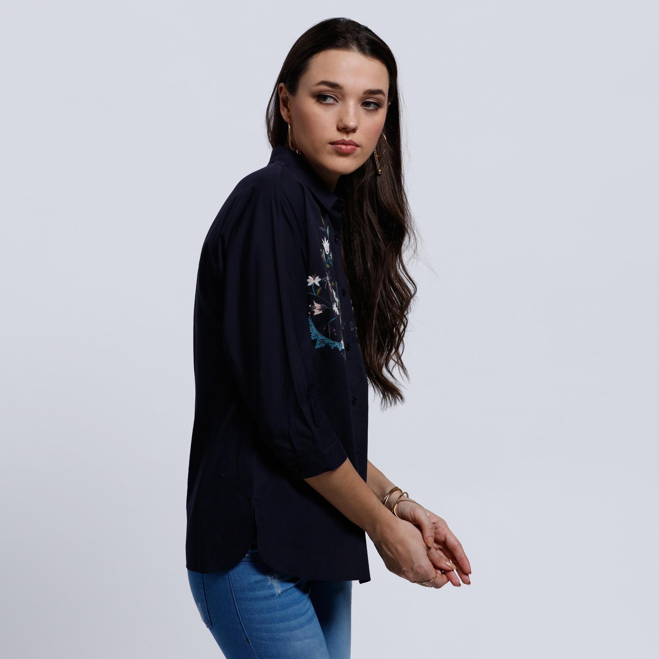Embroidered Shirt with Complete Placket and 3/4 Sleeves -women-clothing-shirtsandblouses-blouses-image-3