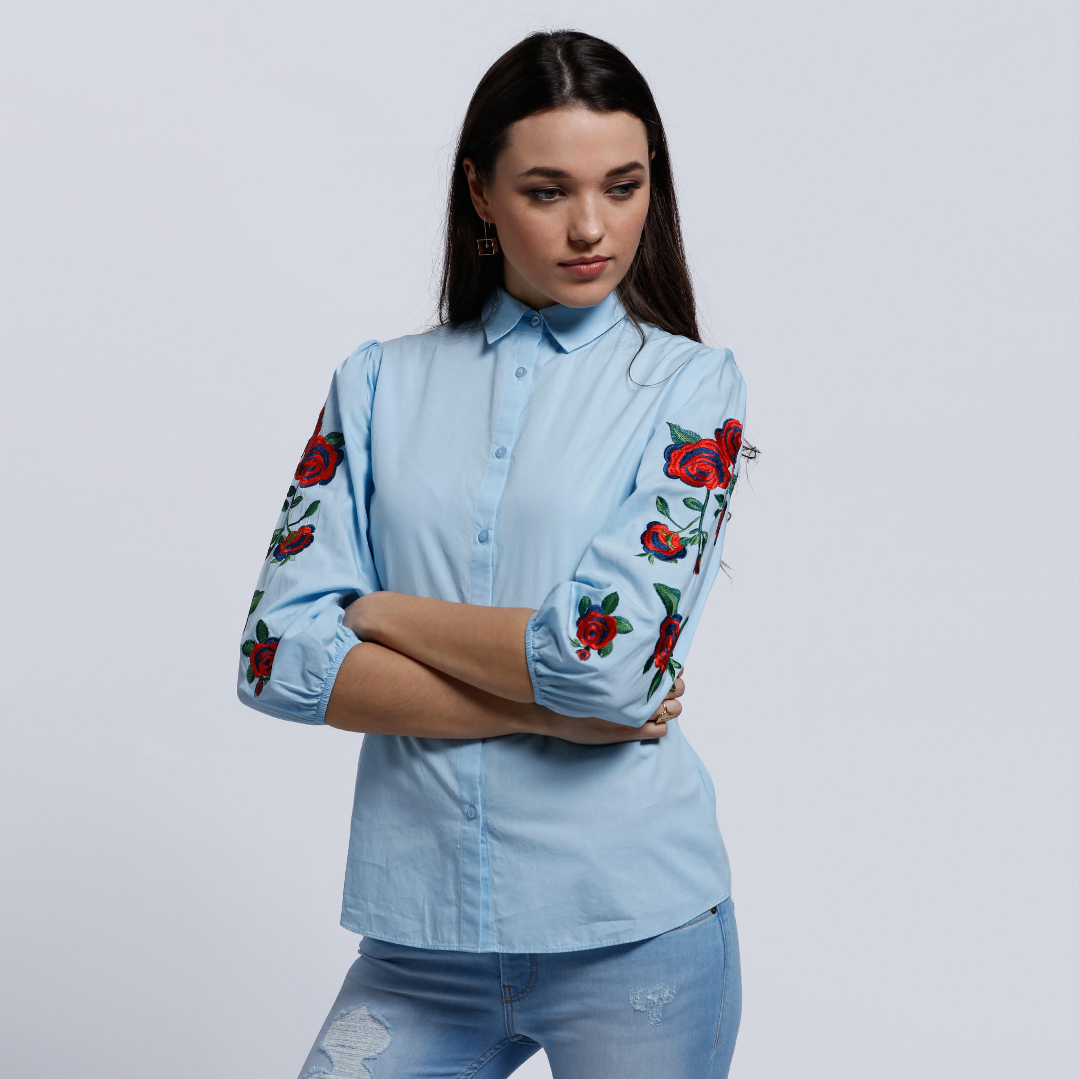 Embroidered Shirt with Complete Placket and 3/4 Sleeves-women-clothing-shirtsandblouses-blouses-image-1