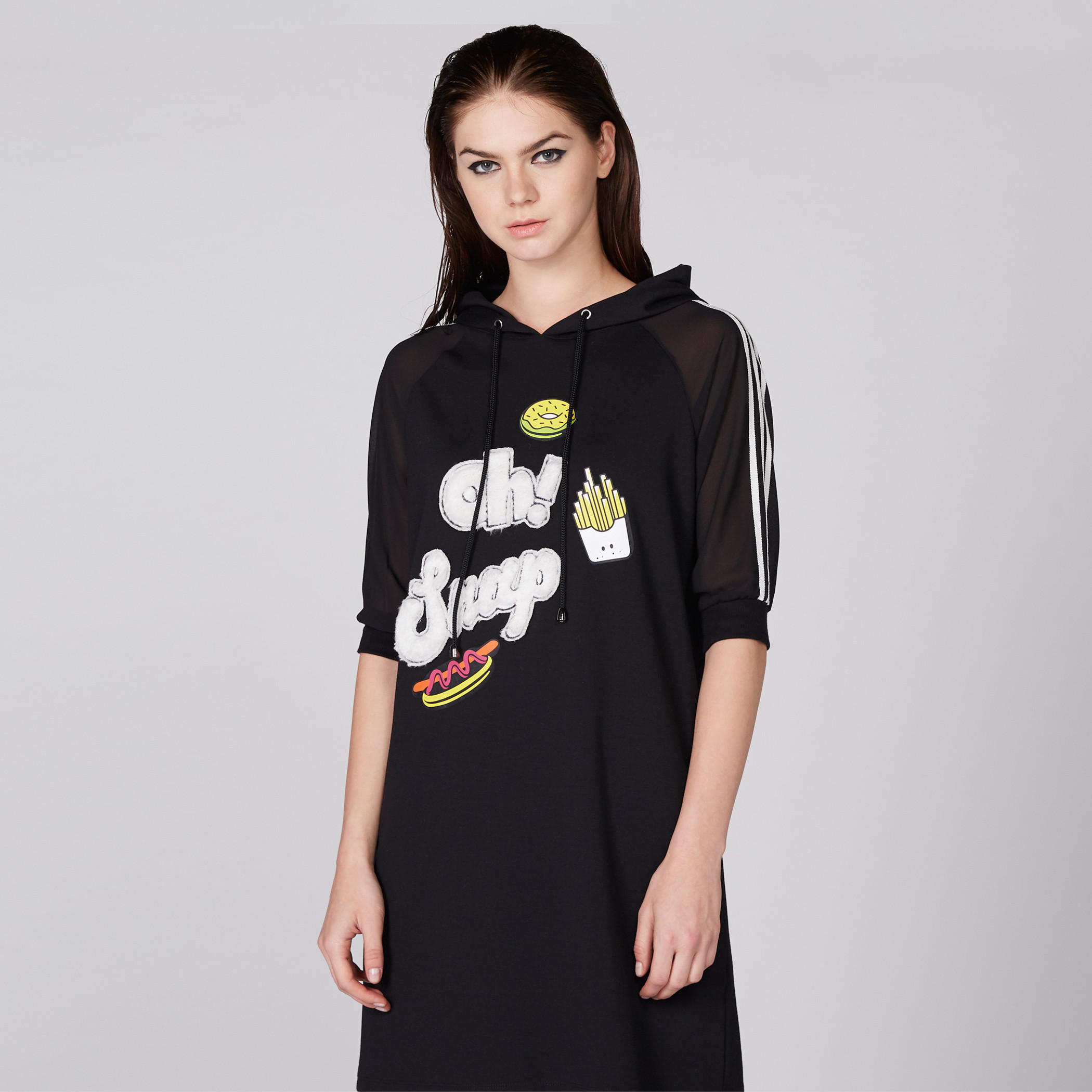 Applique Detail Dress with Raglan Sleeves and Hood-women-clothing-dresses-image-1