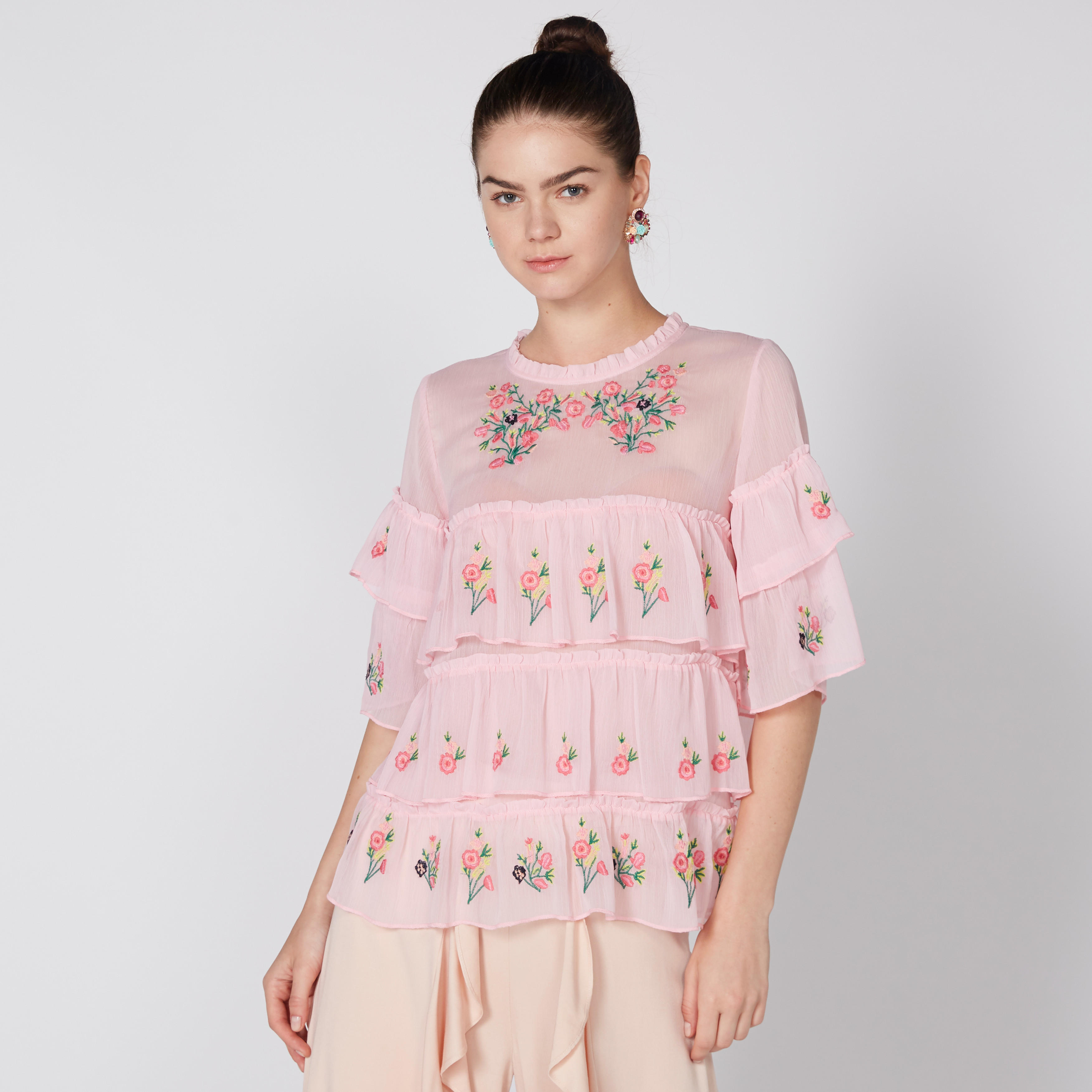 Embroidered Top with Round Neck and Ruffle Detail-women-clothing-shirtsandblouses-blouses-image-1