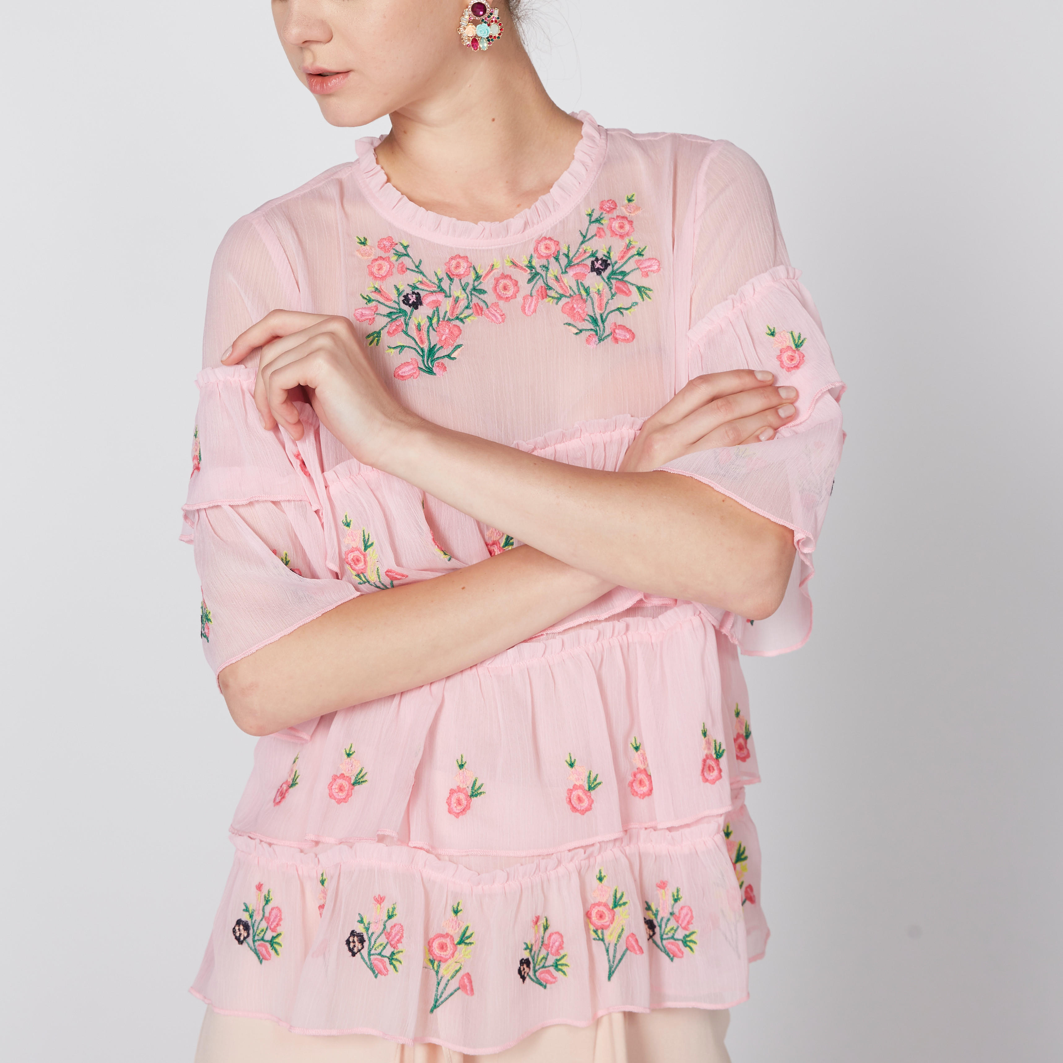 Embroidered Top with Round Neck and Ruffle Detail-women-clothing-shirtsandblouses-blouses-image-3
