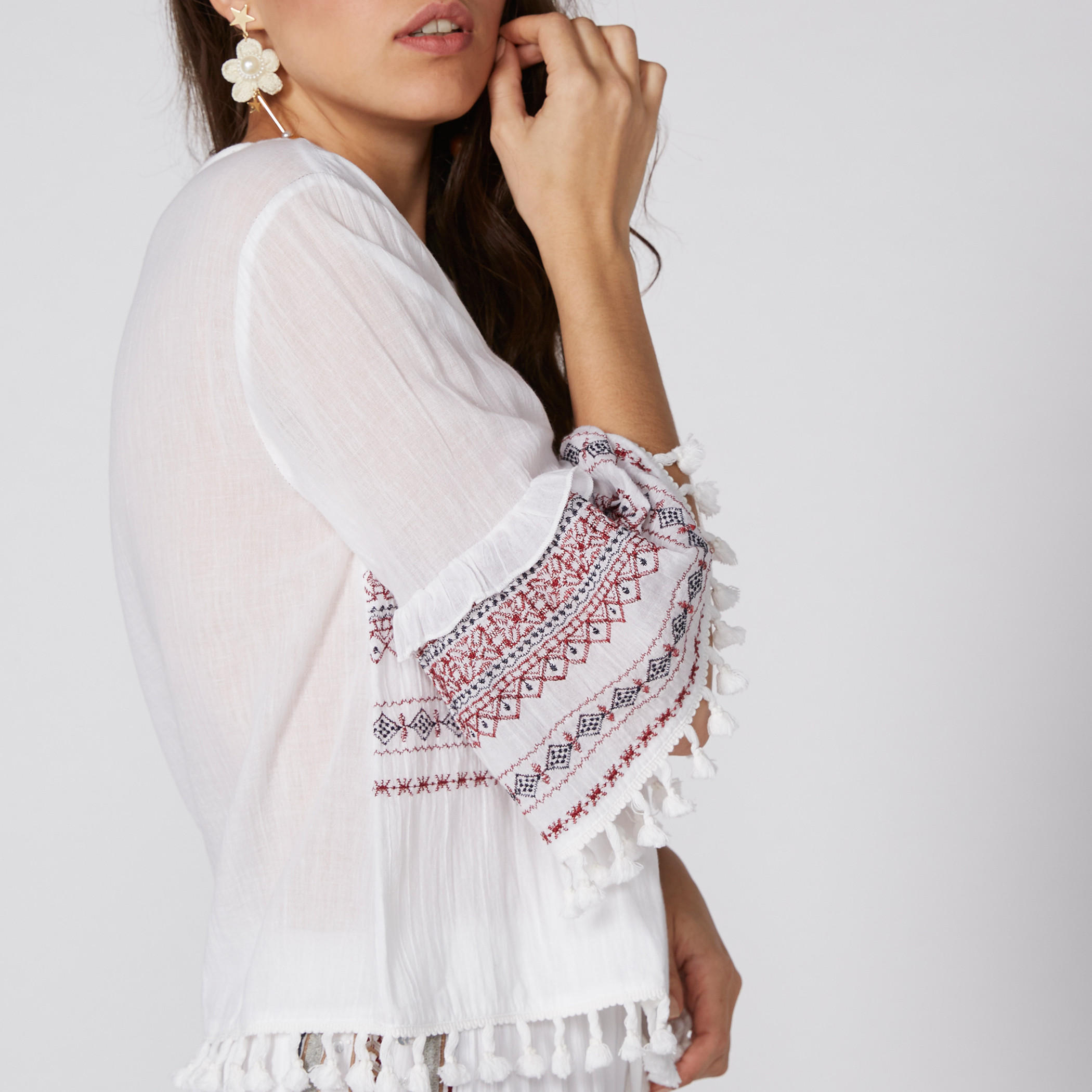 Embroidered Top with V-Neck and Short Sleeves-women-clothing-shirtsandblouses-blouses-image-3