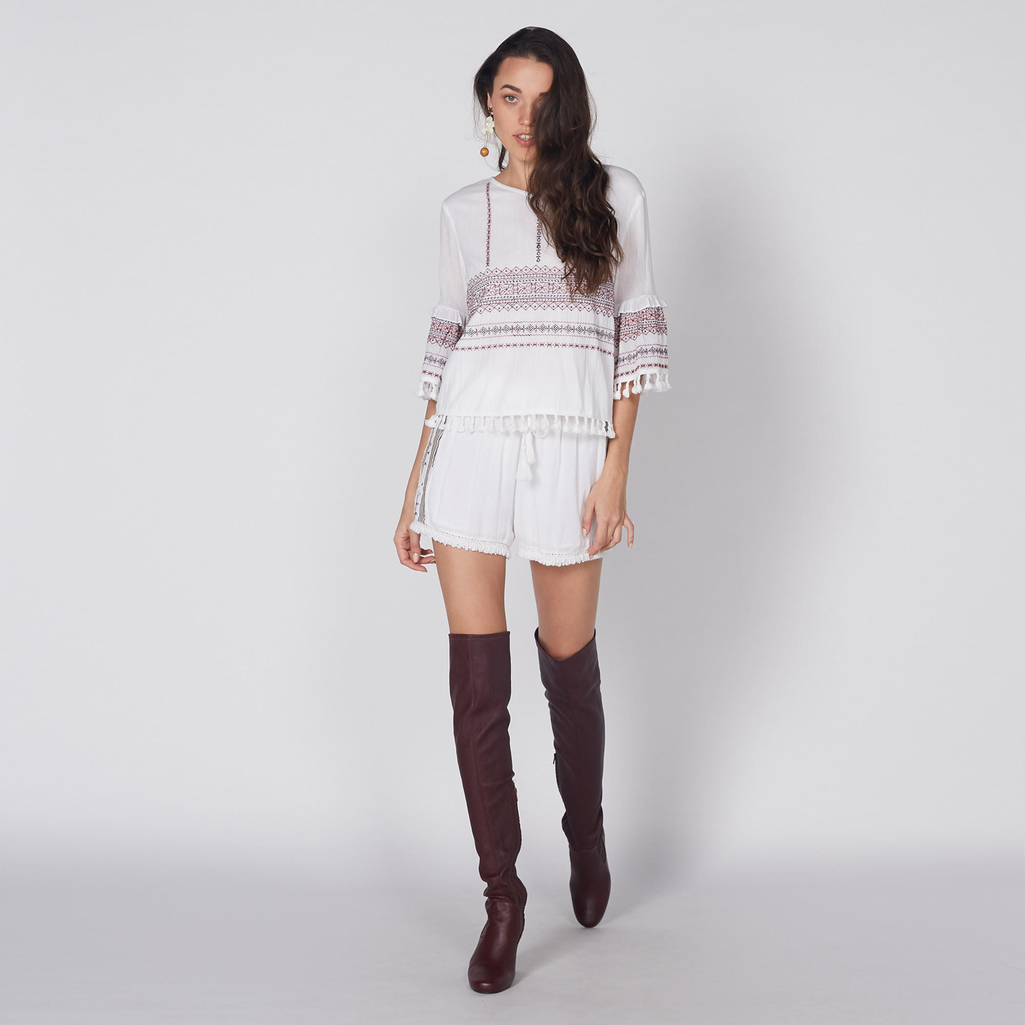 Embroidered Shorts with Elasticised Waistband and Fringes-women-clothing-bottoms-shorts-image-1