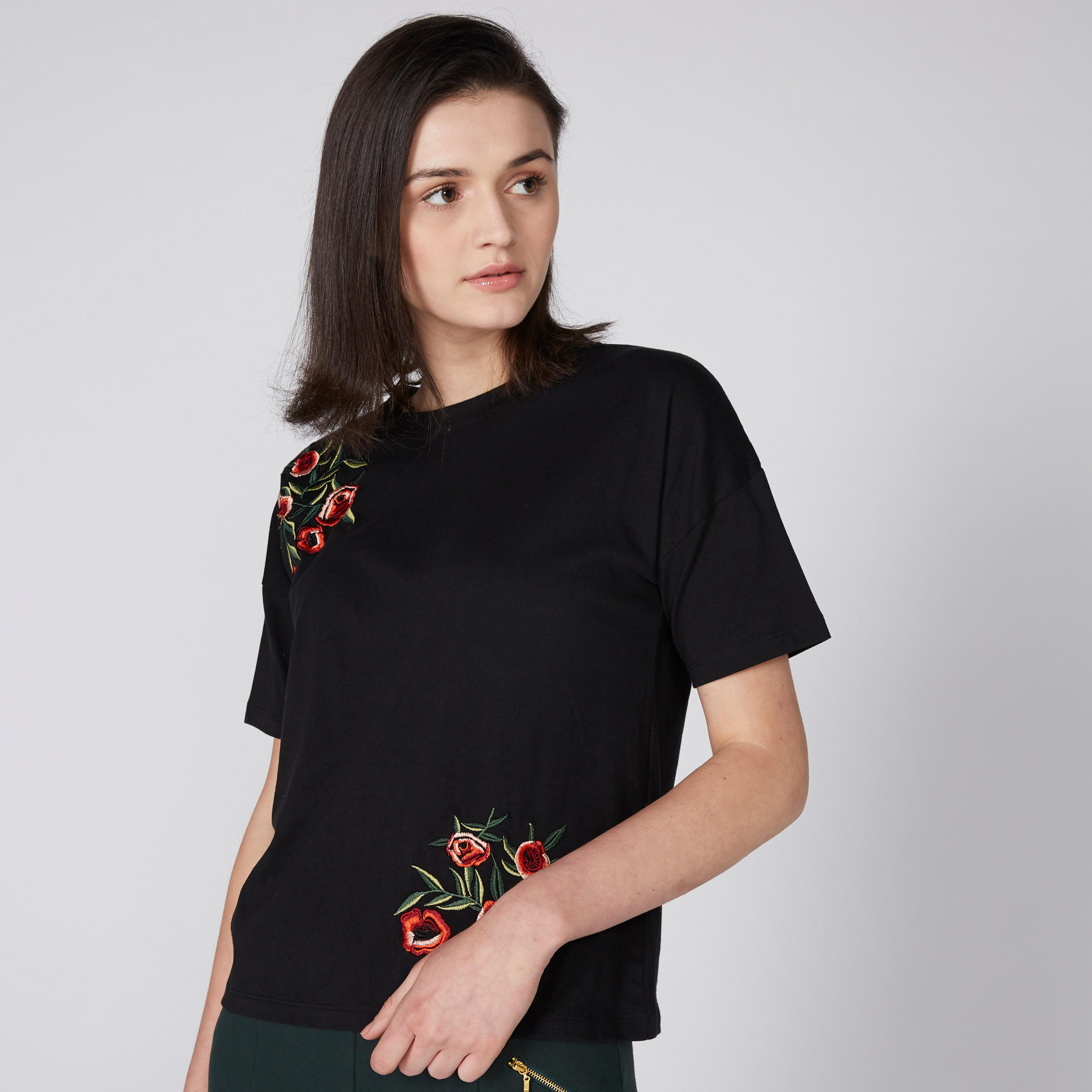 Embroidered Top  with Round Neck and Short Sleeves-women-clothing-shirtsandblouses-blouses-image-1