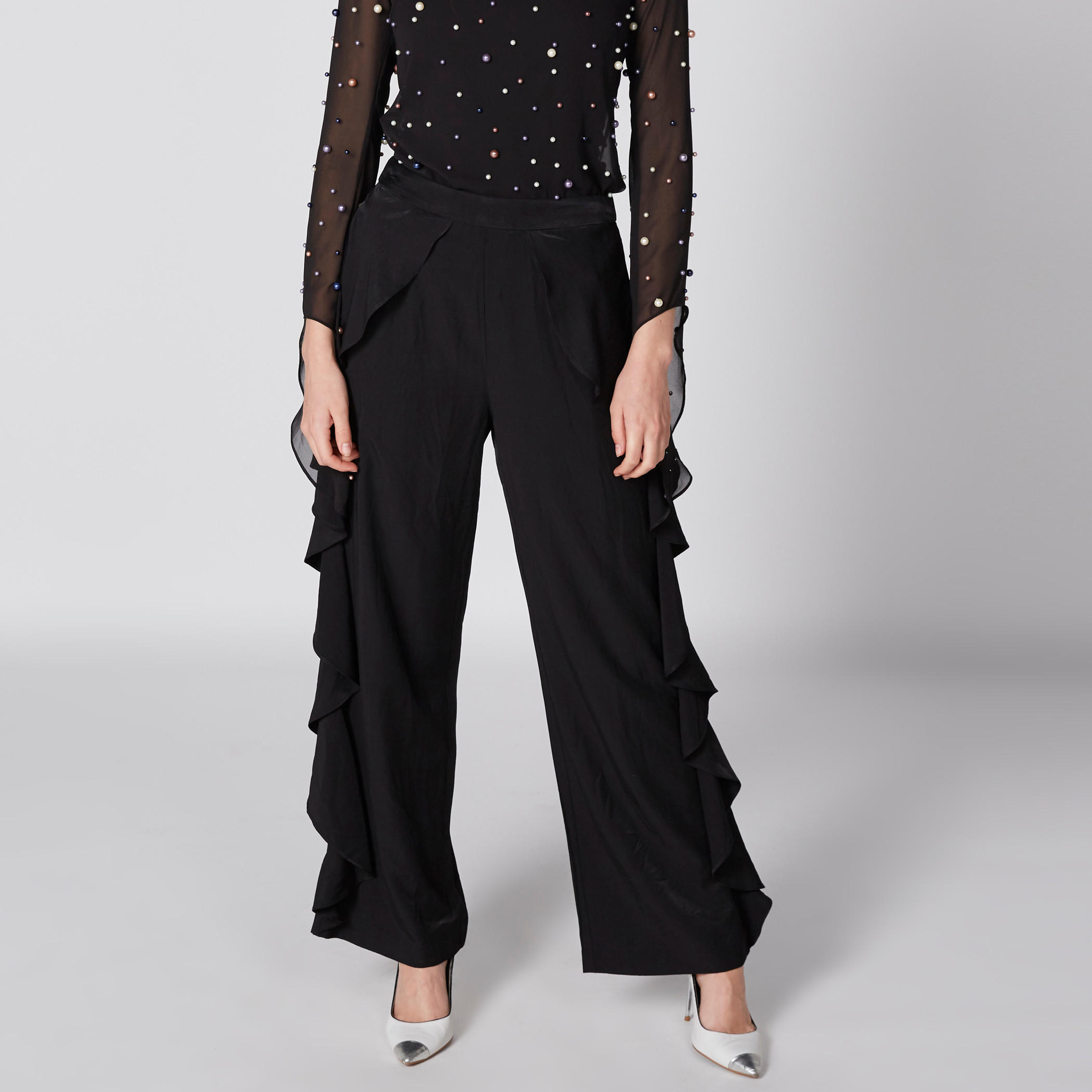 بنطال بالازو طويل بخصر مطّاطي وكشكش-women-clothing-bottoms-trousers-image-1