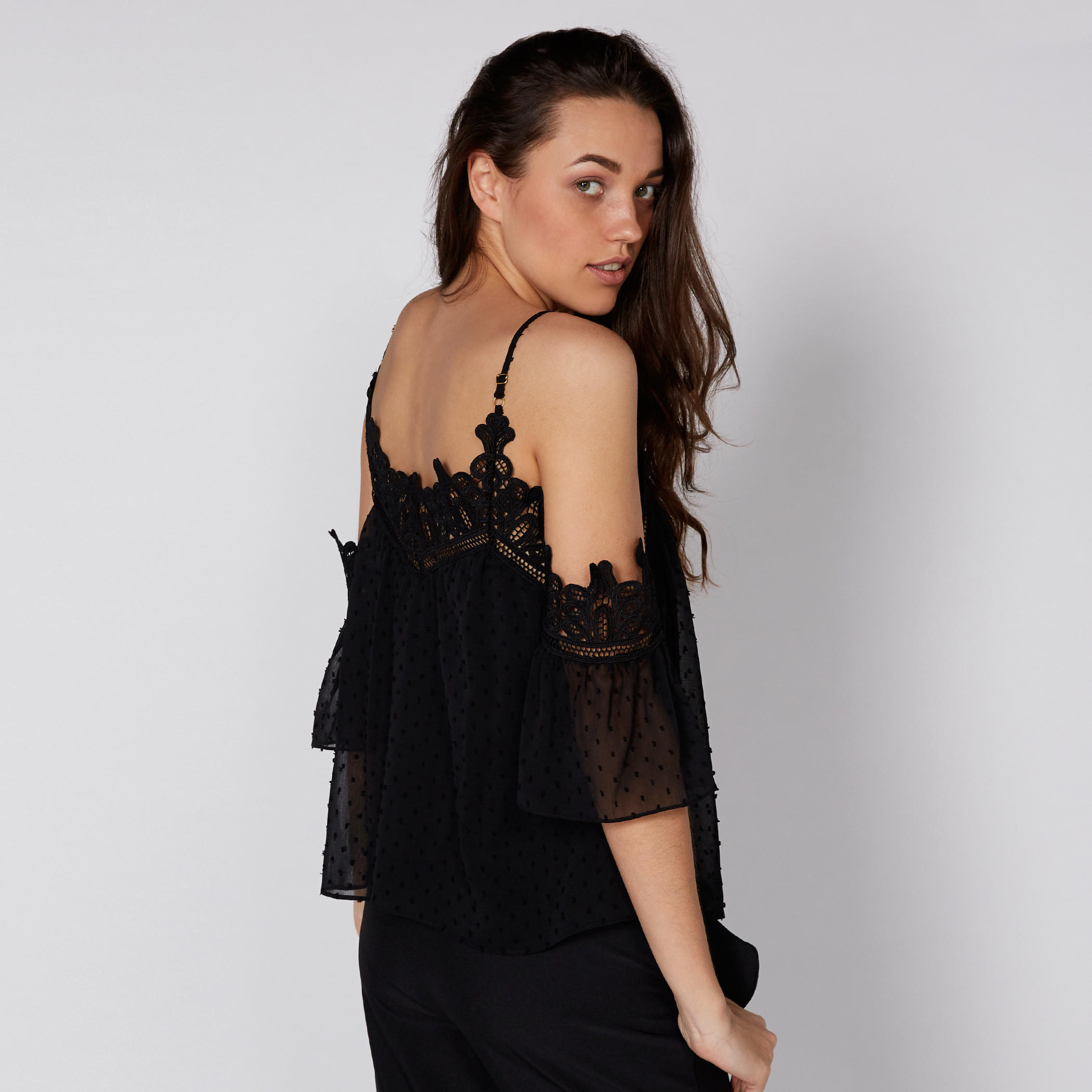 Lace Detail Cold Shoulder Top with Adjustable Spaghetti Straps-women-clothing-shirtsandblouses-blouses-image-2
