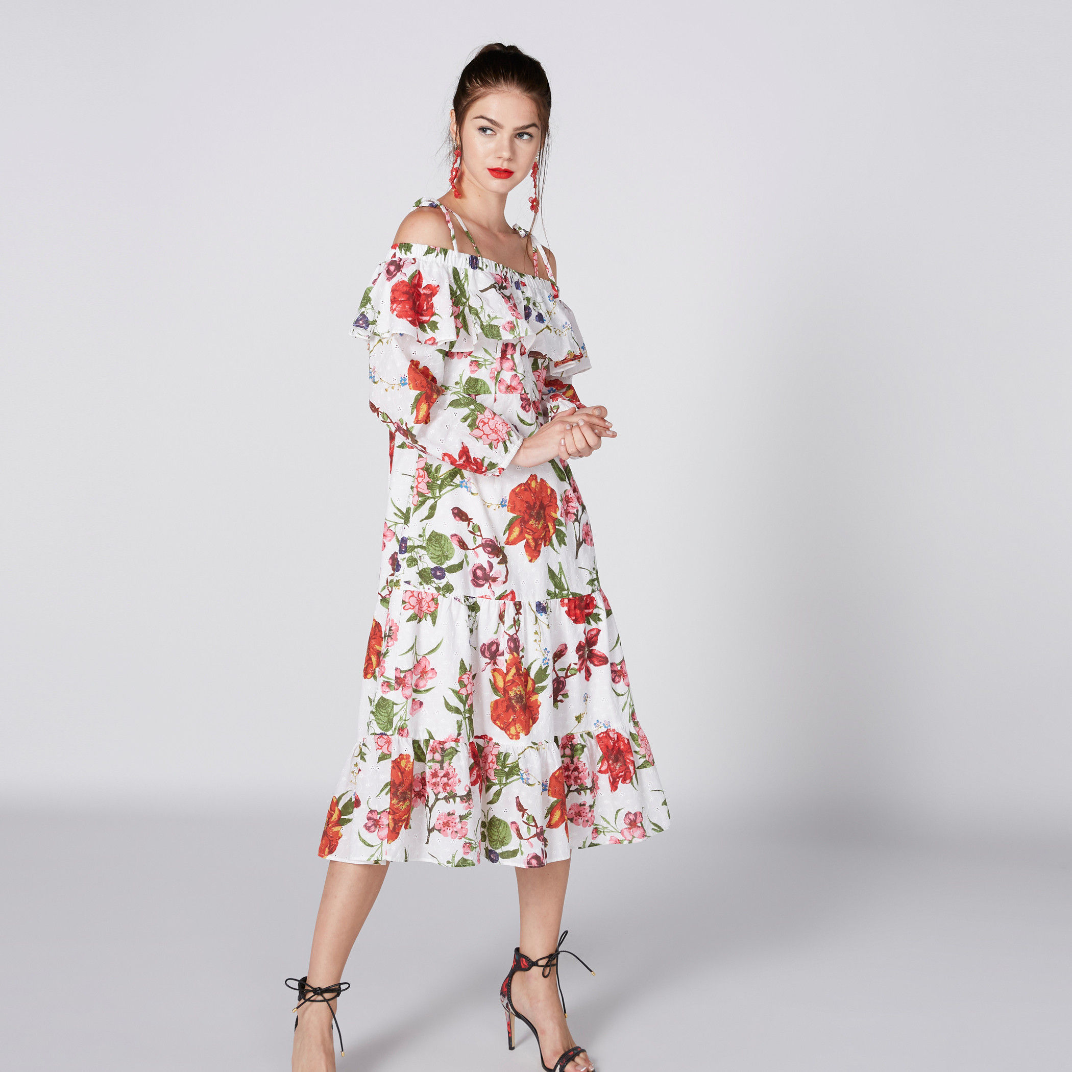 Printed Midi Dress with Cut Out Shoulder and Ruffle Detail-women-clothing-dresses-image-1