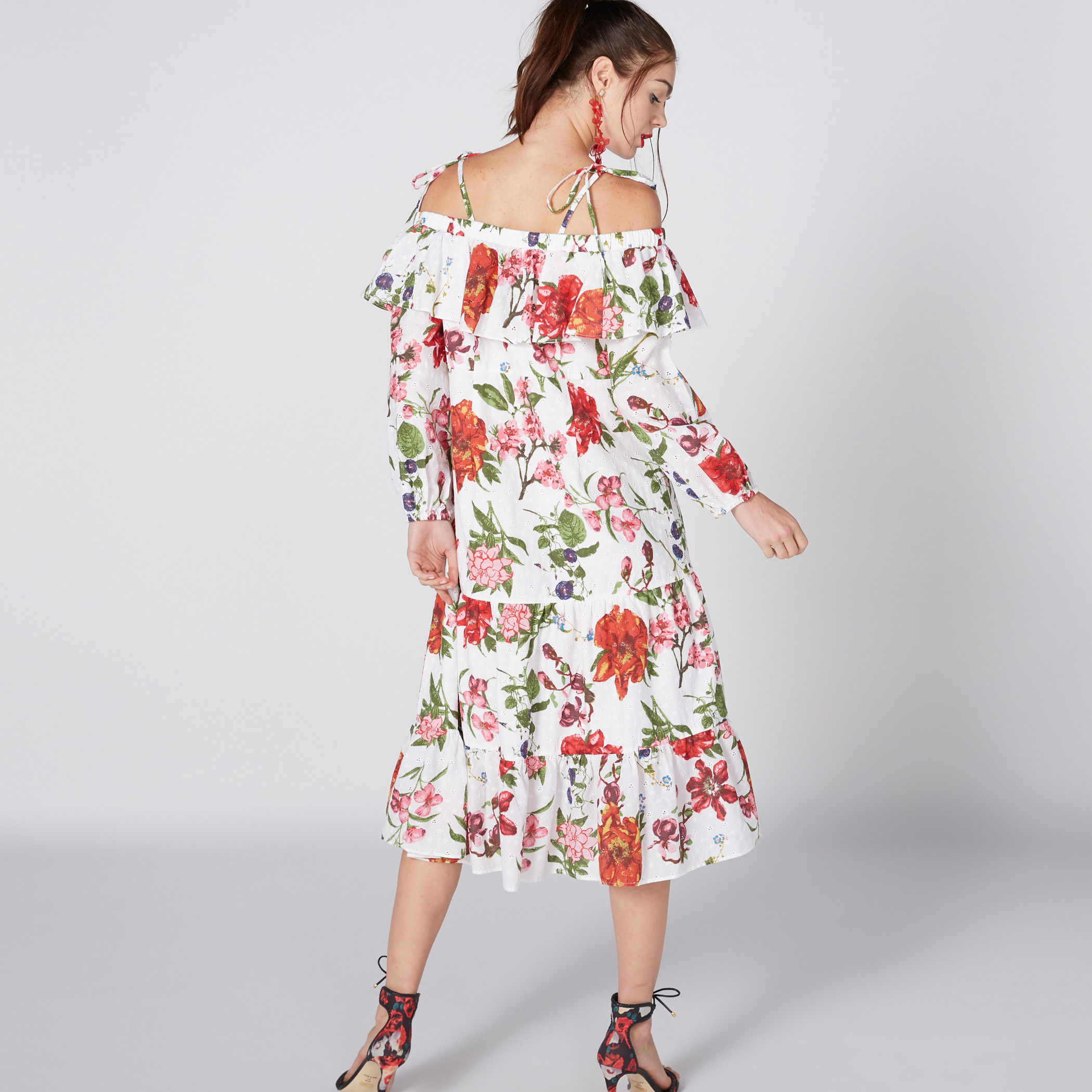Printed Midi Dress with Cut Out Shoulder and Ruffle Detail-women-clothing-dresses-image-2