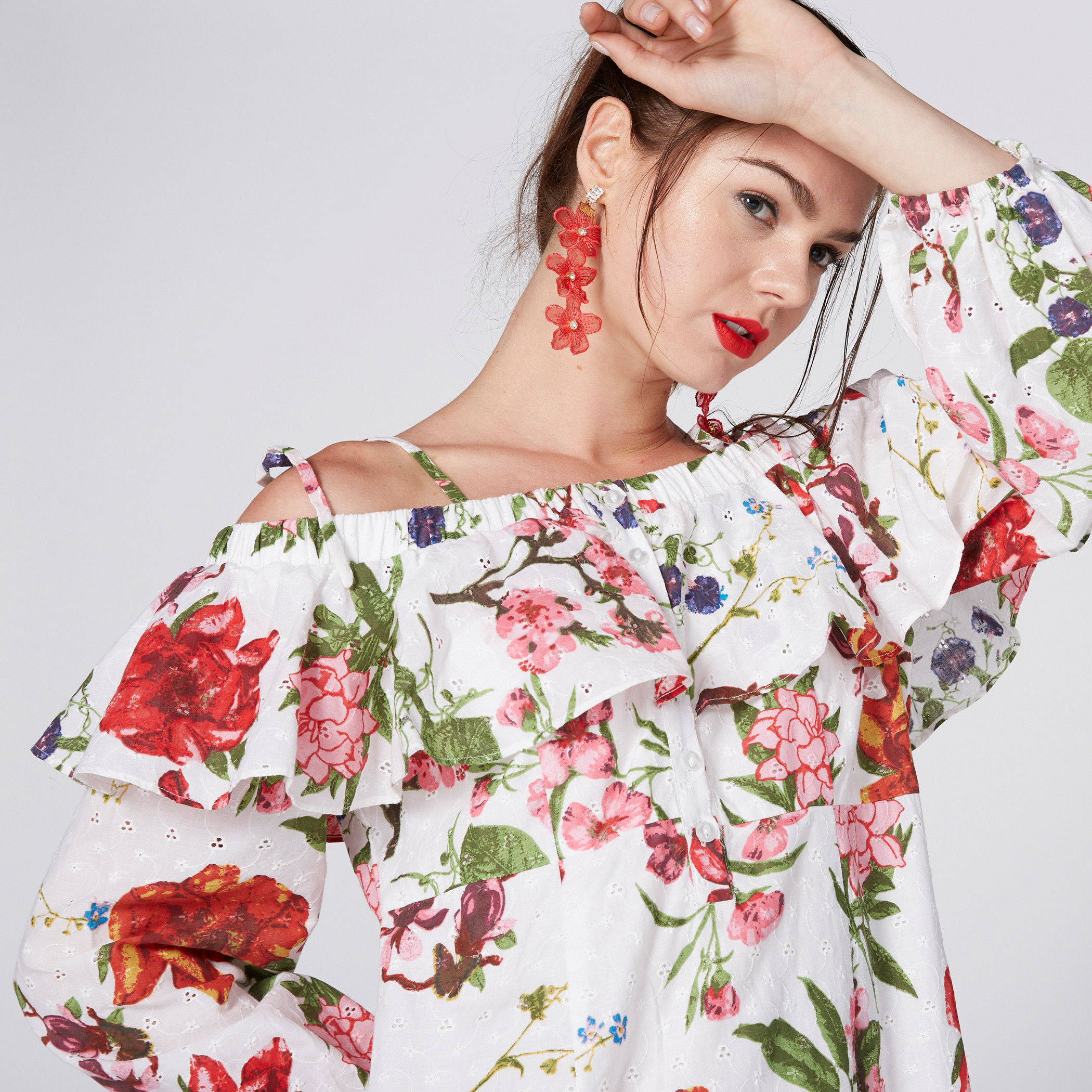 Printed Midi Dress with Cut Out Shoulder and Ruffle Detail-women-clothing-dresses-image-3
