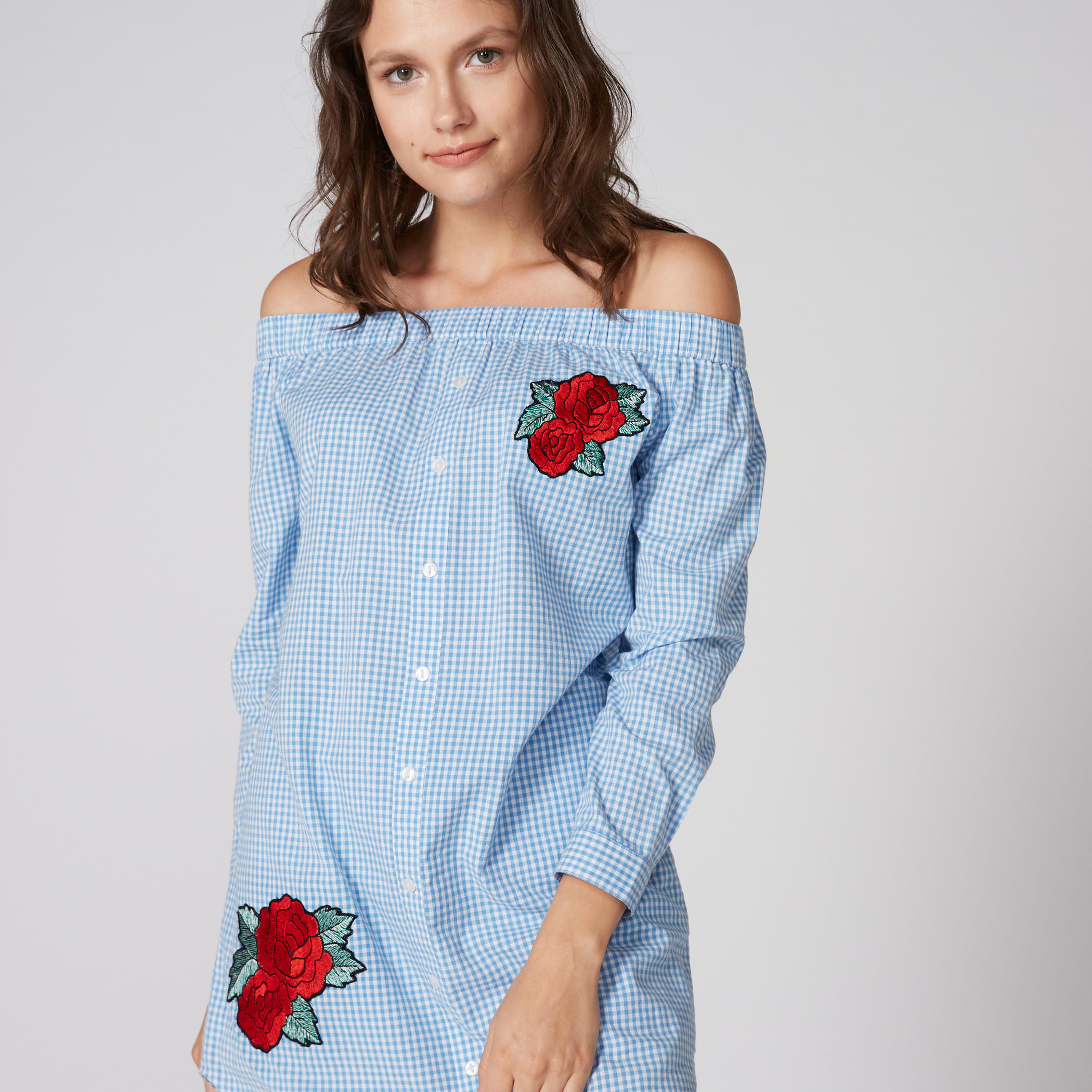 فستان كاروهات بأكتاف مكشوفة وتطريز-women-clothing-dresses-image-1