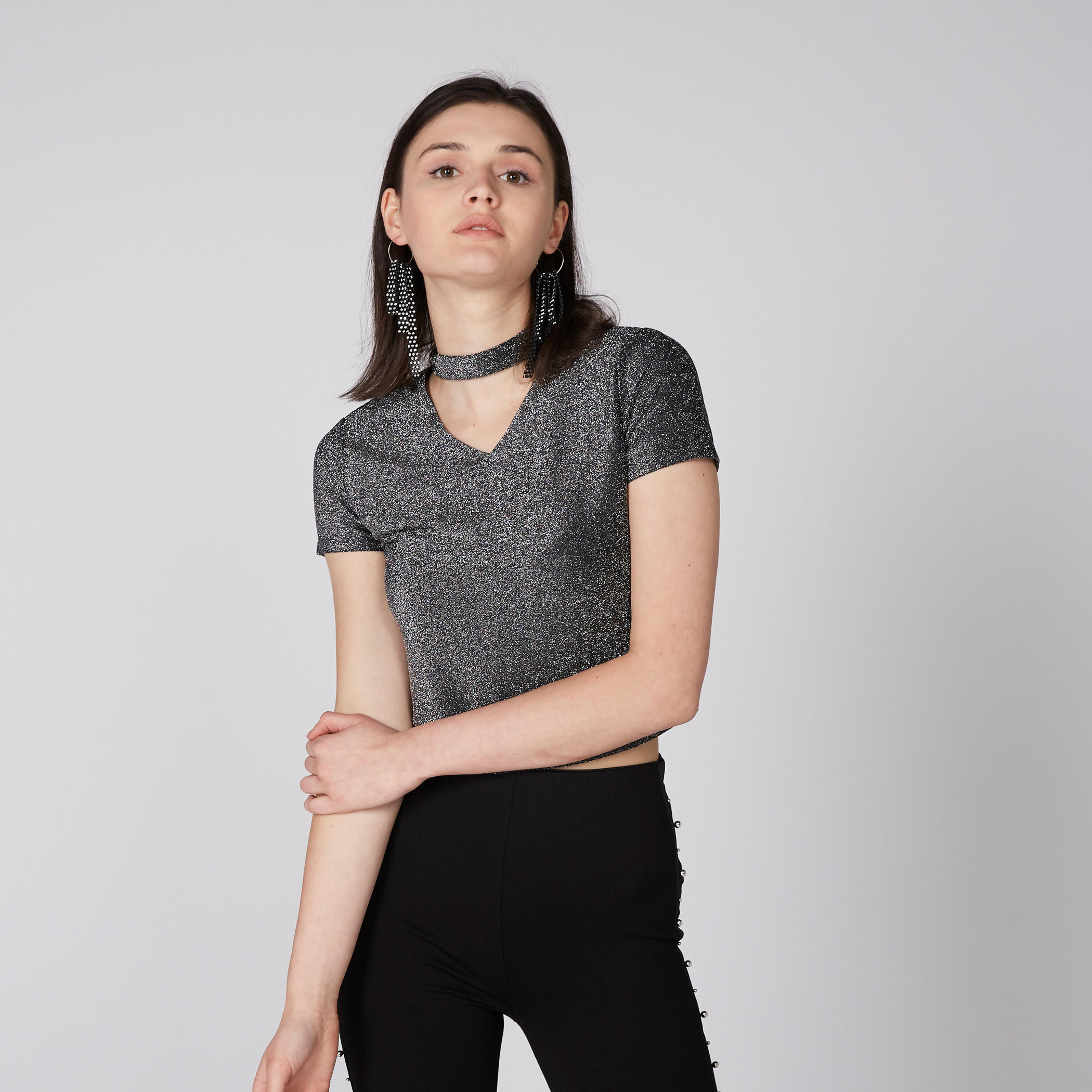 بلوزة قصيرة بياقة طوق وأكمام قصيرة-women-clothing-shirtsandblouses-blouses-image-1