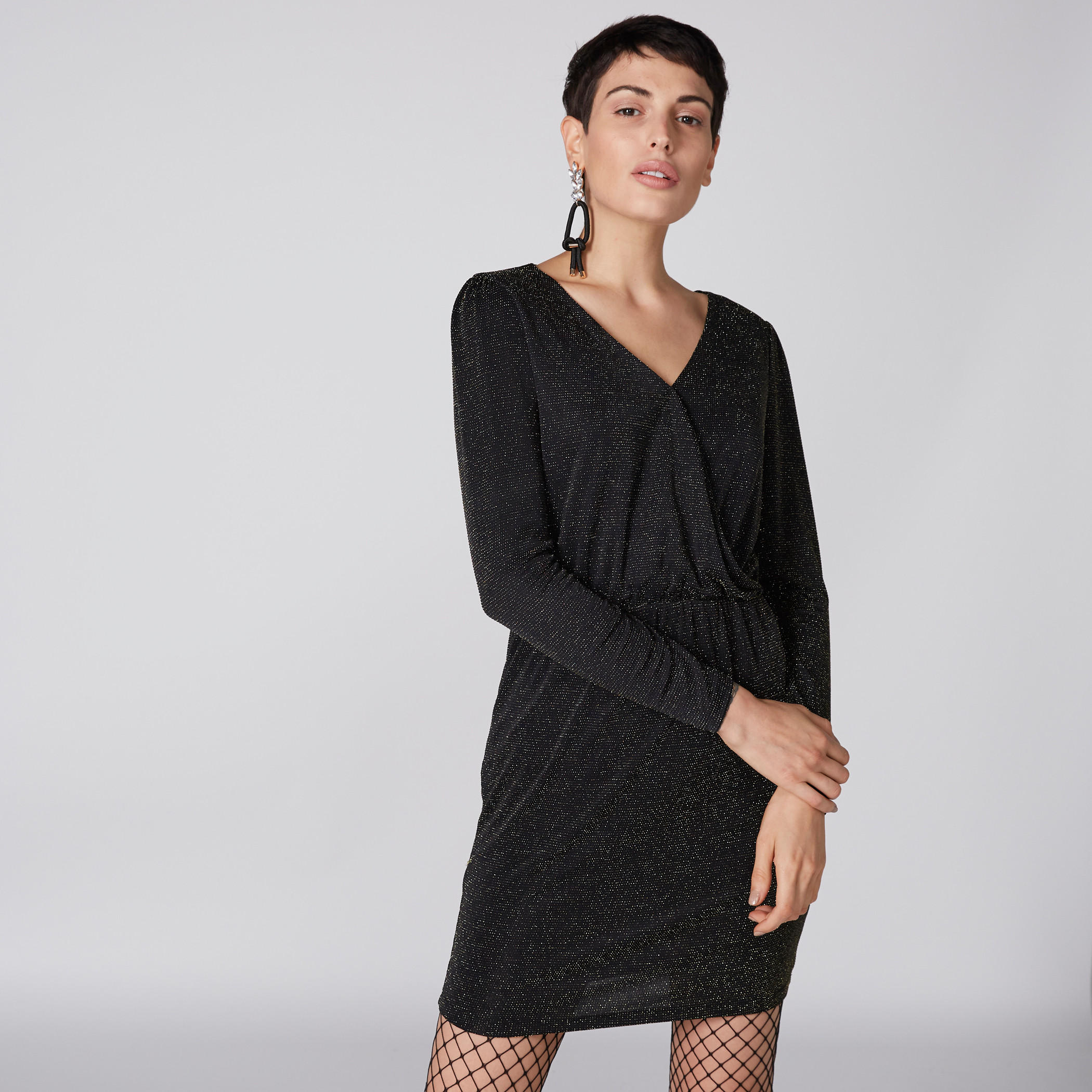فستان بارز الملمس بياقة V وأكمام طويلة-women-clothing-dresses-image-1