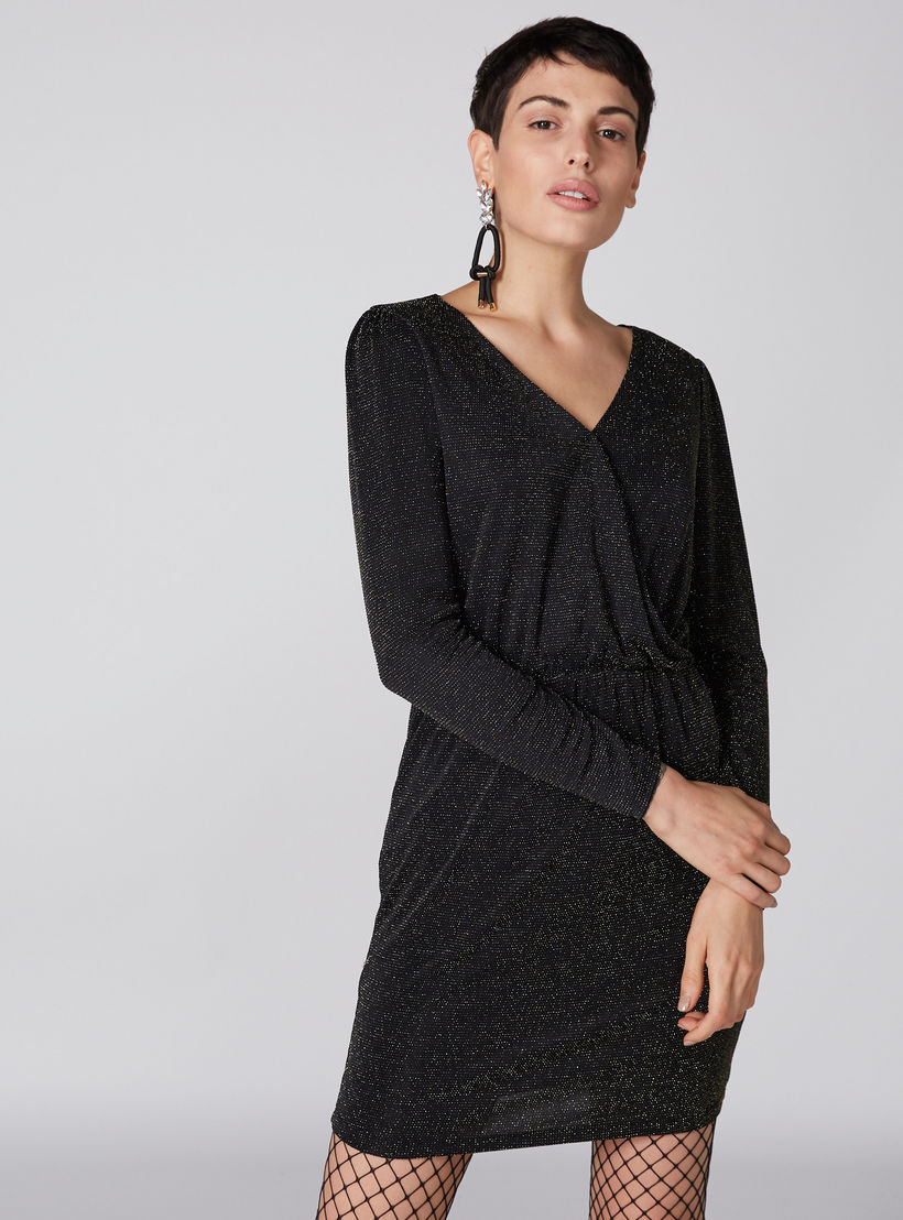 فستان بارز الملمس بياقة V وأكمام طويلة-women-clothing-dresses-image-1